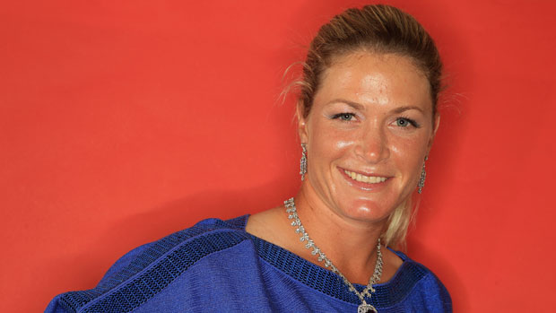Suzann Pettersen poses with Tiffany jewelry