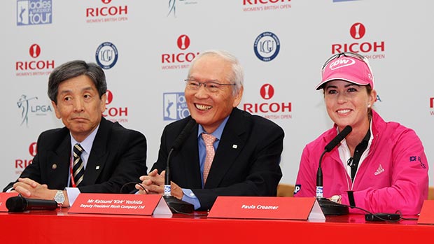 Mr Shiro 'Simon' Sasaki, Mr Katsumi 'Kirk' Yoshida and Paula Creamer sign confirmation for partnership with the Women's Biritish Open to 2013