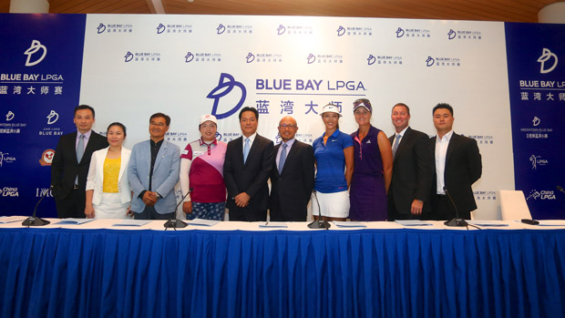 Shanshan Feng, Michelle Wie and Anna Nordqvist prior to the start of the 2014 Blue Bay LPGA