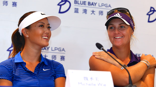 Michelle Wie and Anna Nordqvist prior to the start of the 2014 Blue Bay LPGA