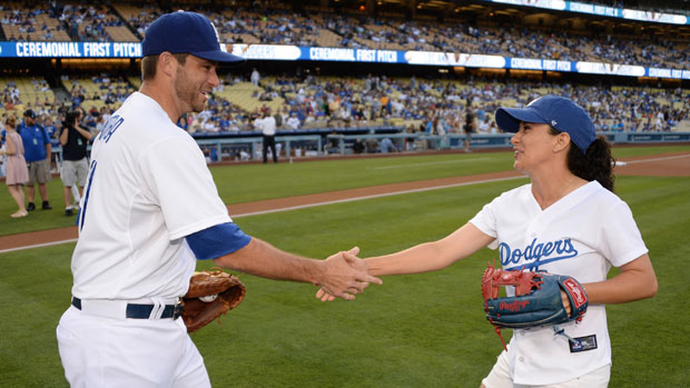 Mo Martin with Drew Butera of the Los Angeles Dodgers