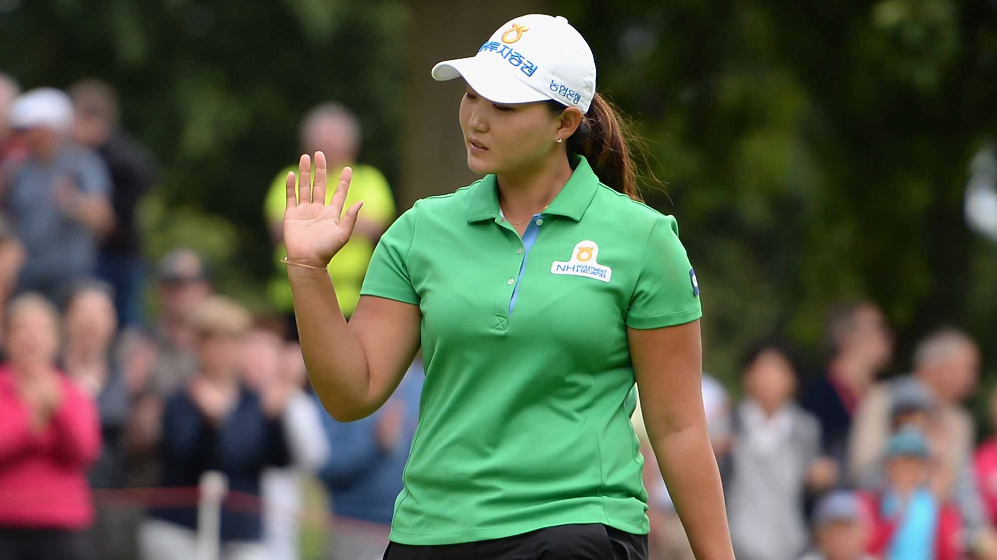 Mirim Lee of Korea celebrates making a birdie on the 17th green to go 10 under during the Ricoh Women's British Open