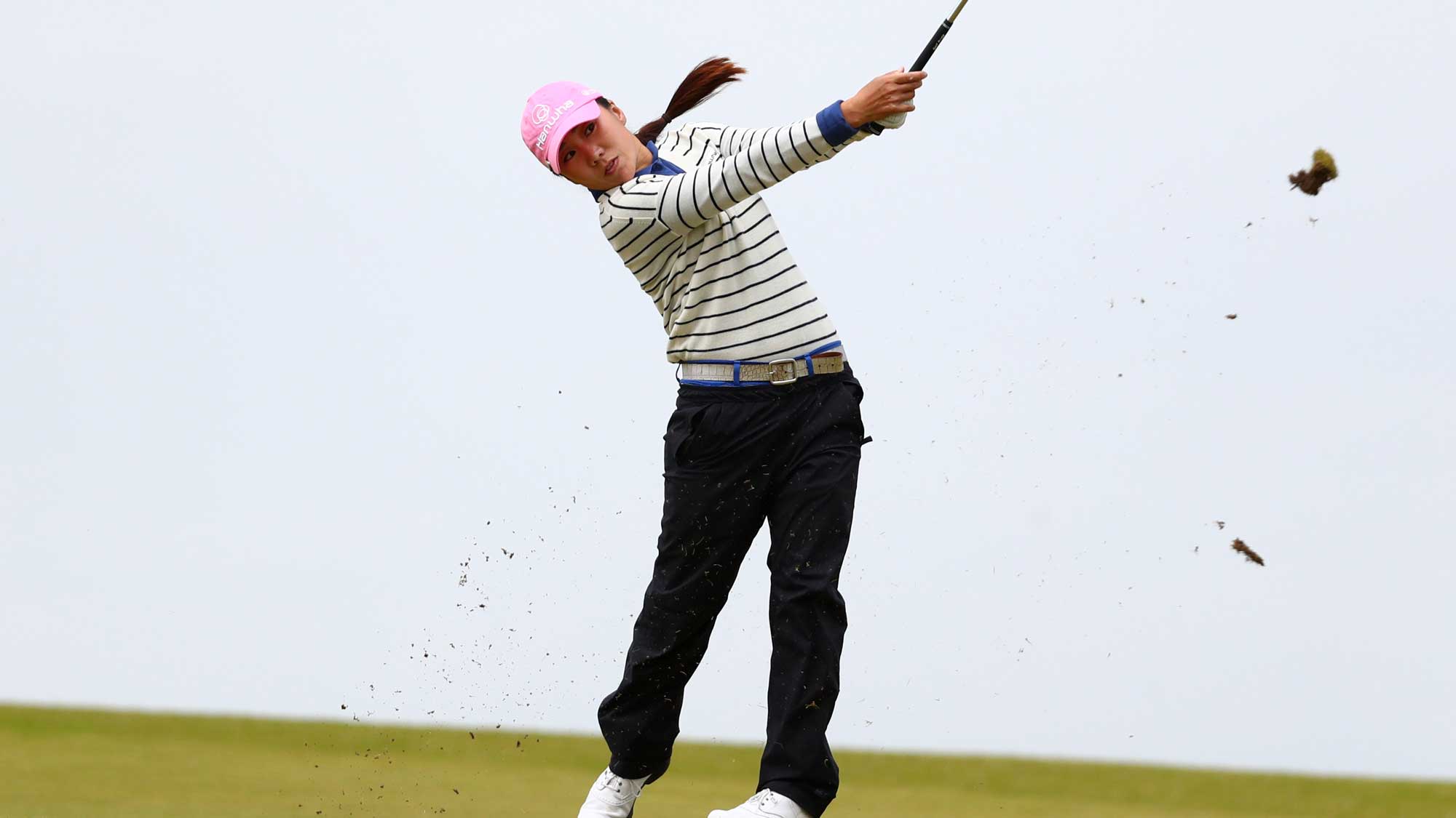 In-Kyung Kim of Korea hits her second shot on the 4th hole during the second round of the Ricoh Women's British Open at Kingsbarns Golf Links