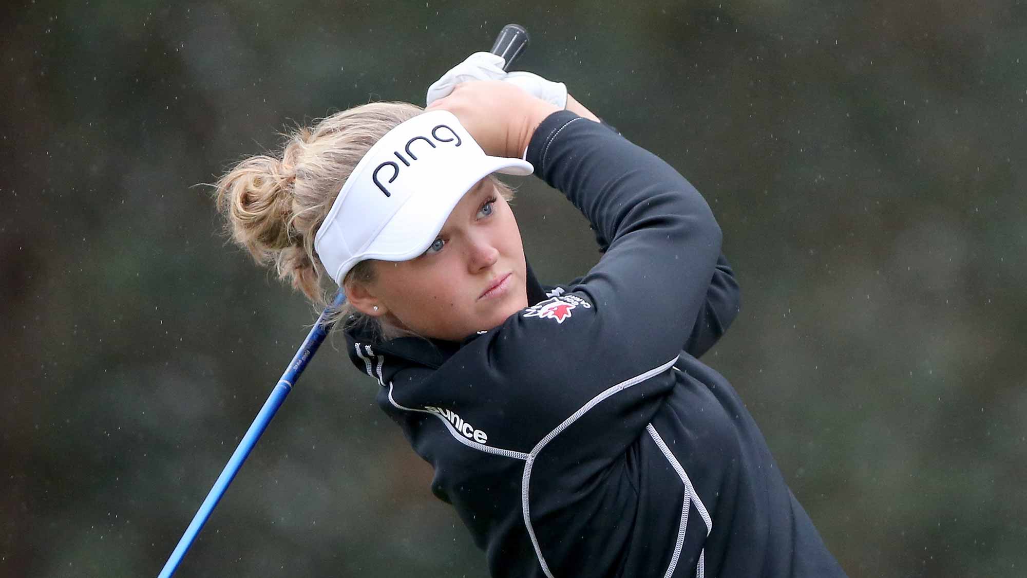 Brooke Henderson of Canada plays a shot on the 16th hole during the final round of the Coates Golf Championship Presented By R+L Carriers at Golden Ocala Golf Club