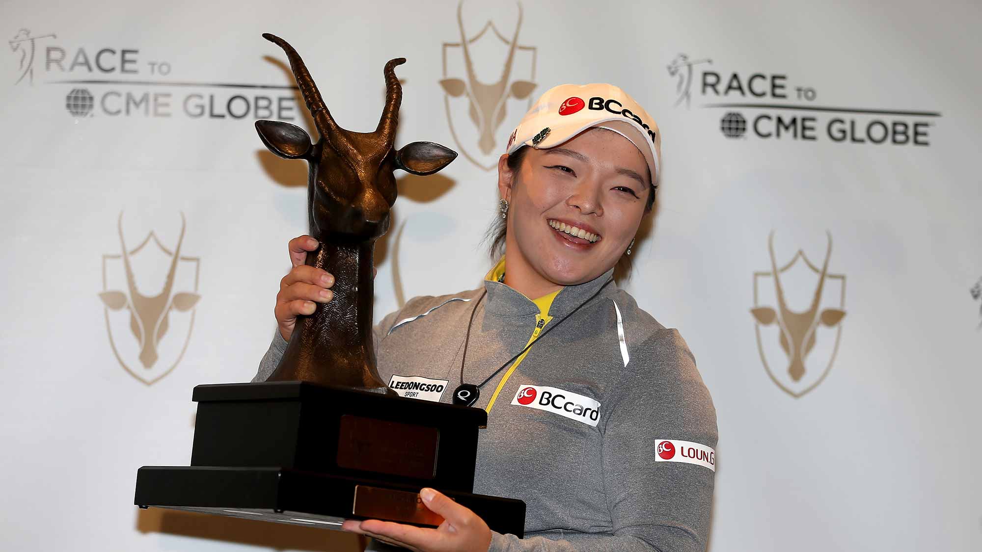 Ha Na Jang of South Korea poses with the trophy following the final round of the Coates Golf Championship Presented By R+L Carriers at Golden Ocala Golf Club