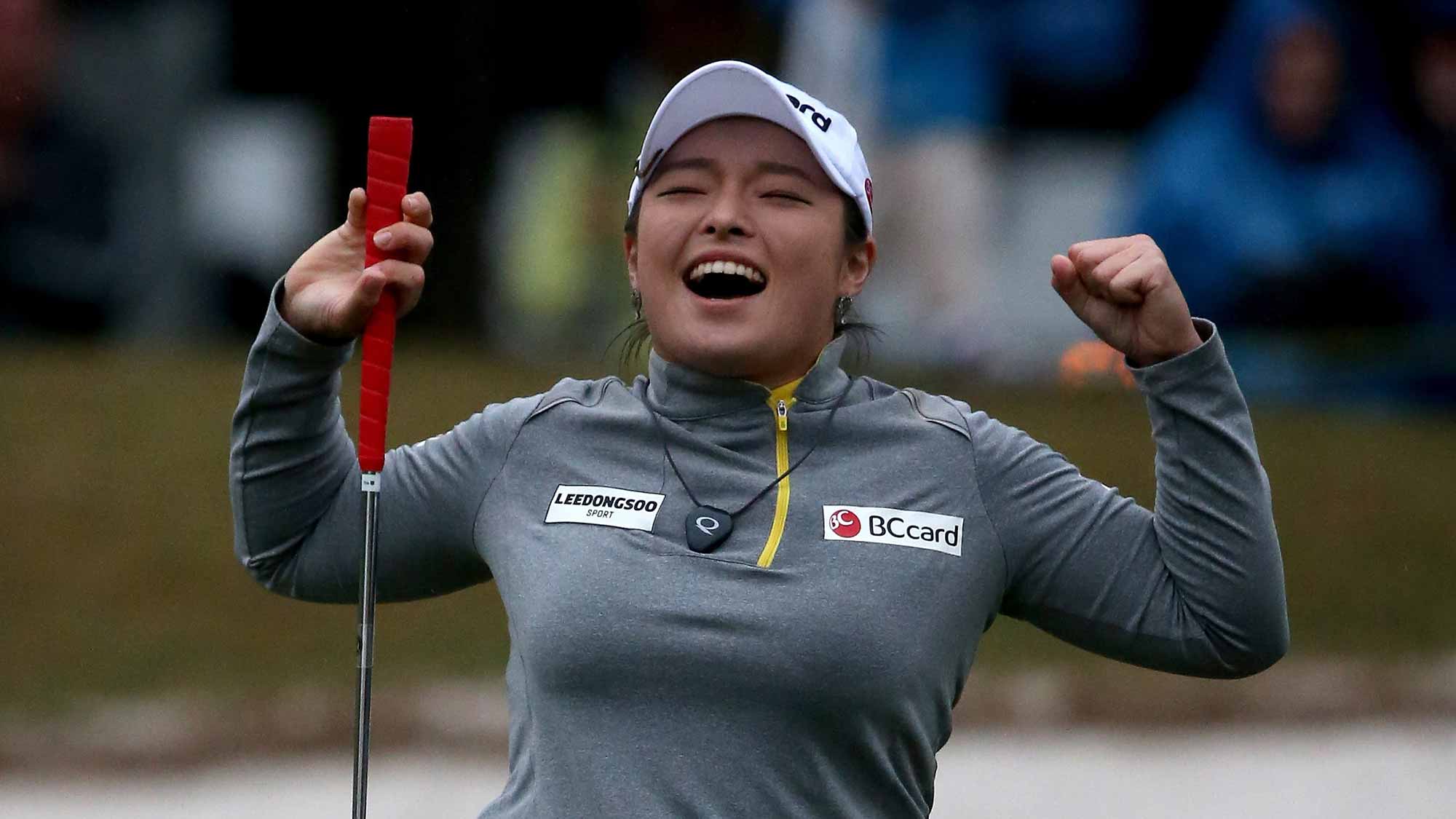 Ha Na Jang of South Korea celebrates winning the Coates Golf Championship Presented By R+L Carriers at Golden Ocala Golf Club