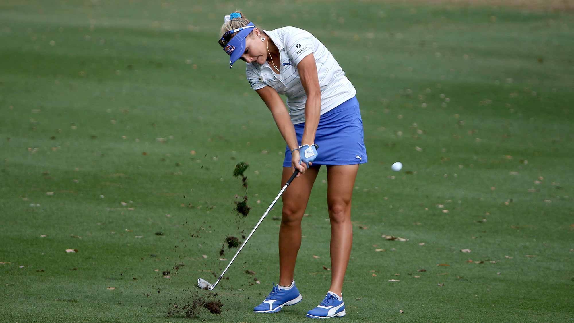 Lexi Thompson of the United States plays a shot on the eighth hole during the first round of the Coates Golf Championship Presented By R+L Carriers at Golden Ocala Golf Club