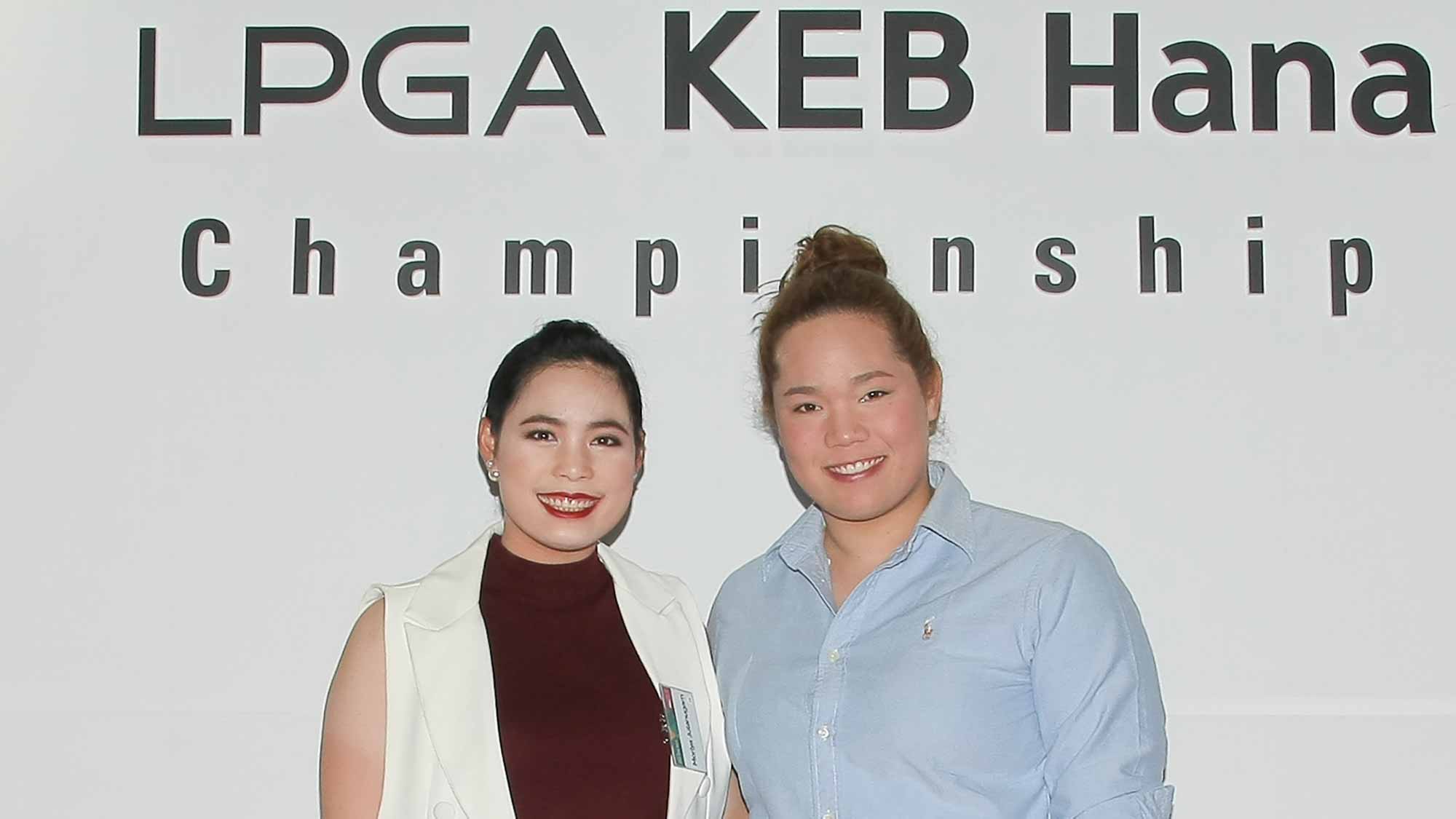 Moriya and Ariya Jutanugarn pose for a photo at the LPGA KEB Hana Bank Pro-Am Party