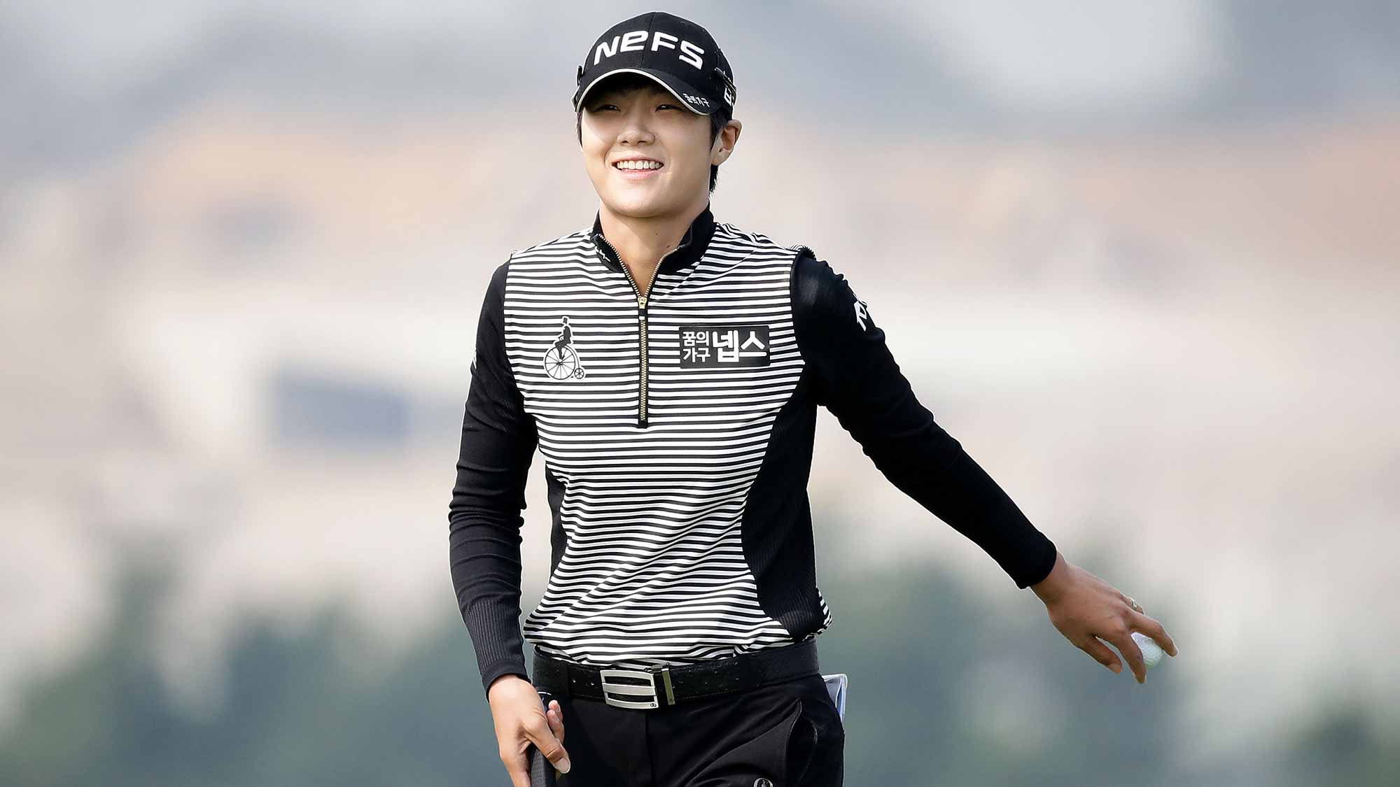 Sung-Hyun Park of South Korea reacts after a birdie putt on the 6th green during the second round of the LPGA KEB-Hana Bank Championship at the Sky 72 Golf Club Ocean Course