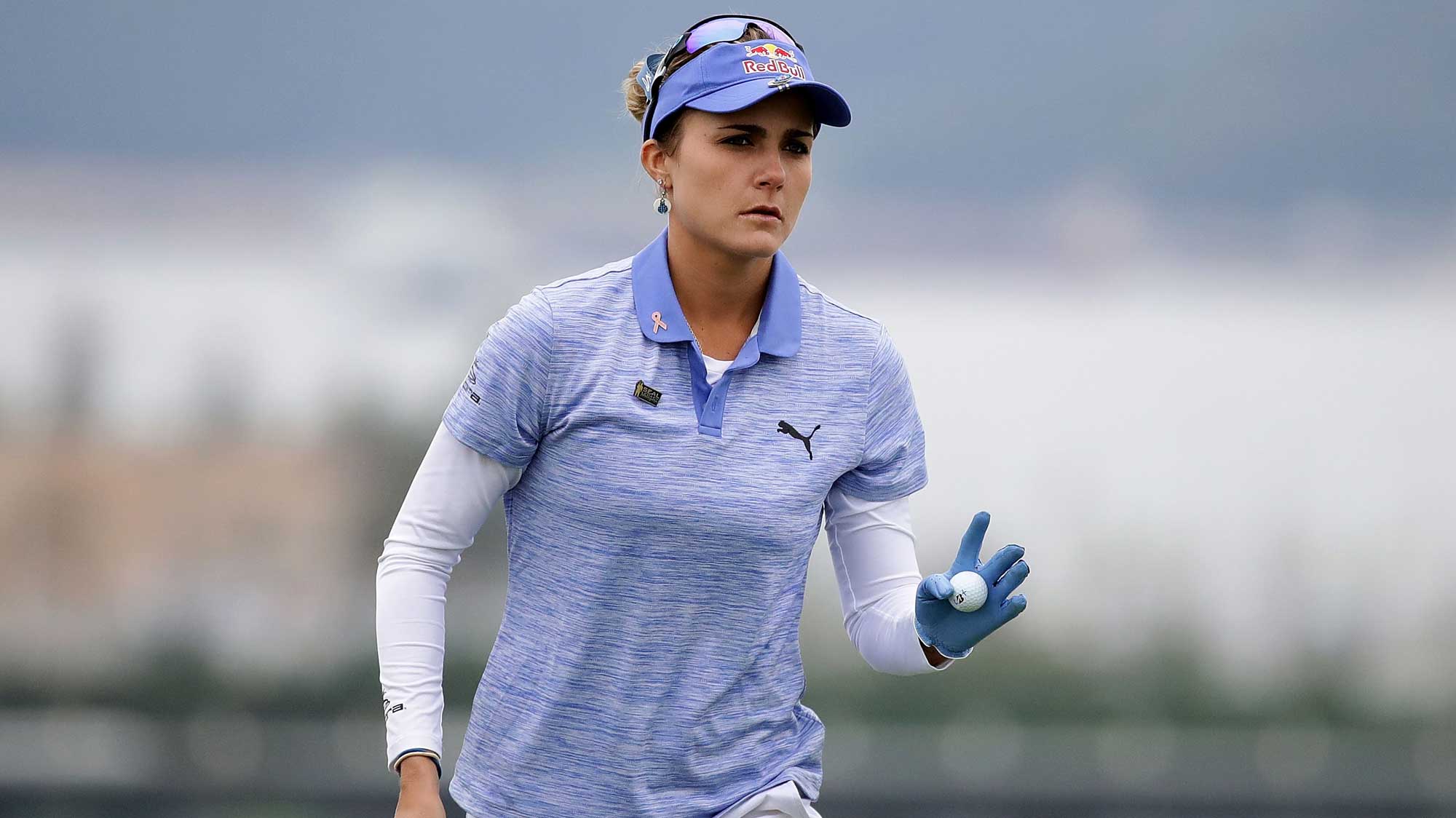 Lexi Thompson of United States reacts after a putt on the 6th hole during the first round of the LPGA KEB Hana Bank Championship