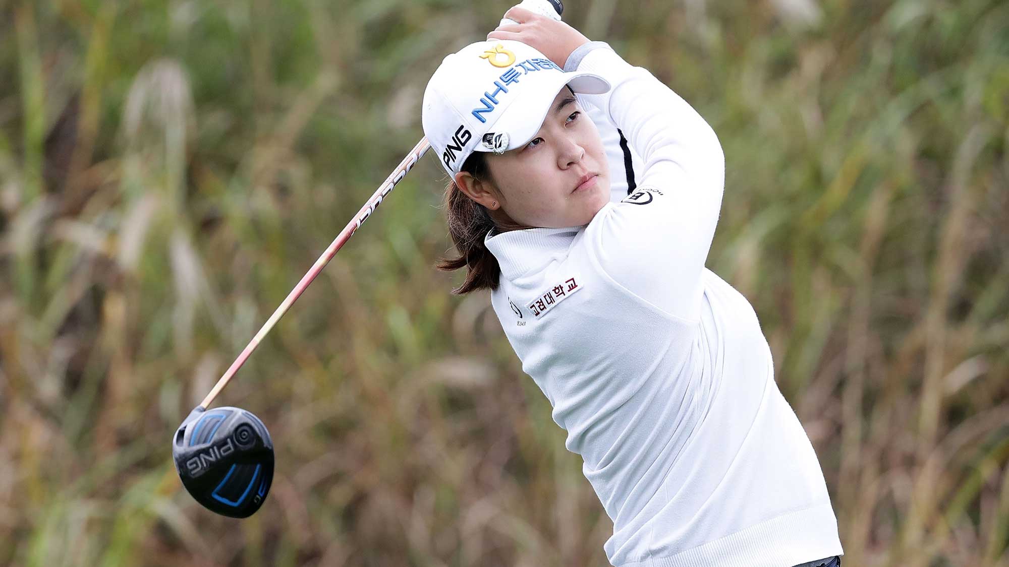Min-Ji Park of South Korea plays a tee shot on the 9th hole during the first round of the LPGA KEB Hana Bank Championship