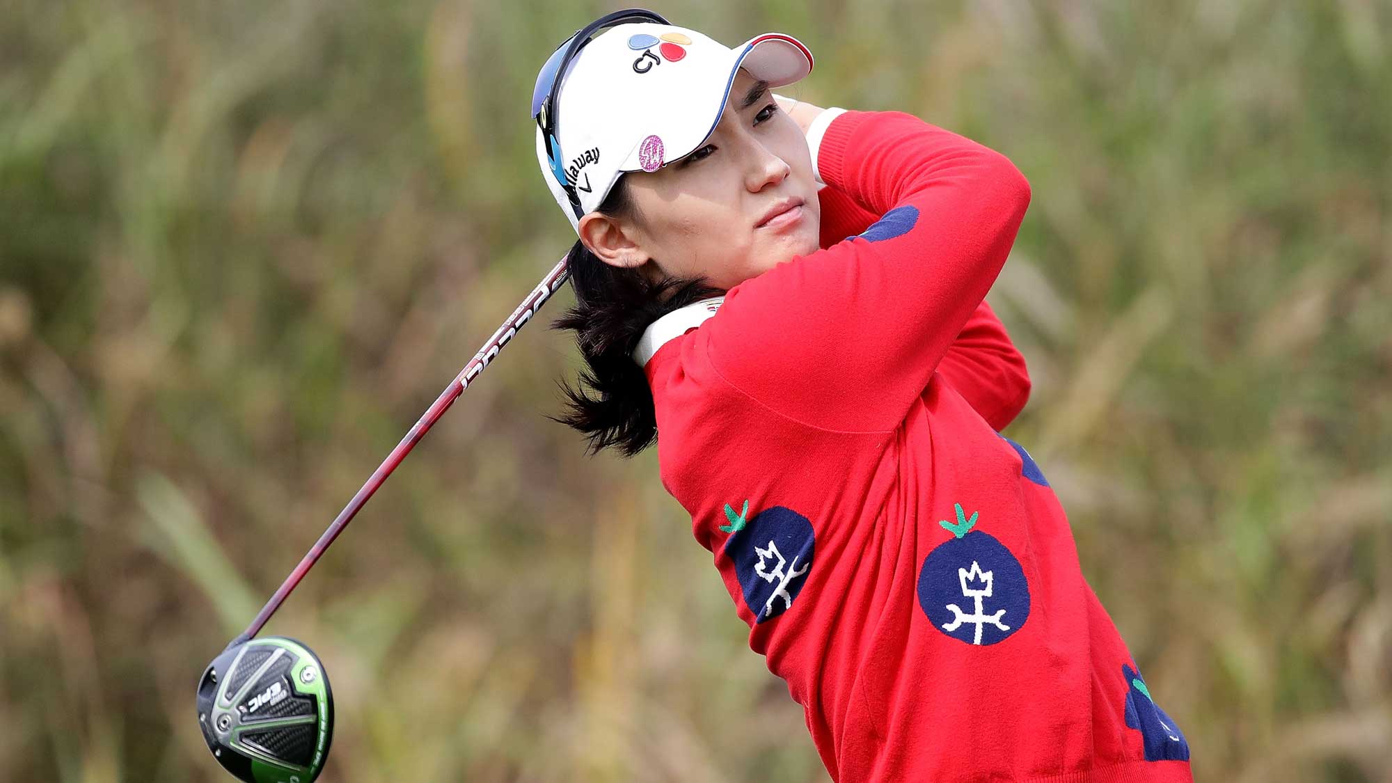 Min-Sun Kim of South Korea plays a tee shot on the 7th hole during the first round of the LPGA KEB Hana Bank Championship