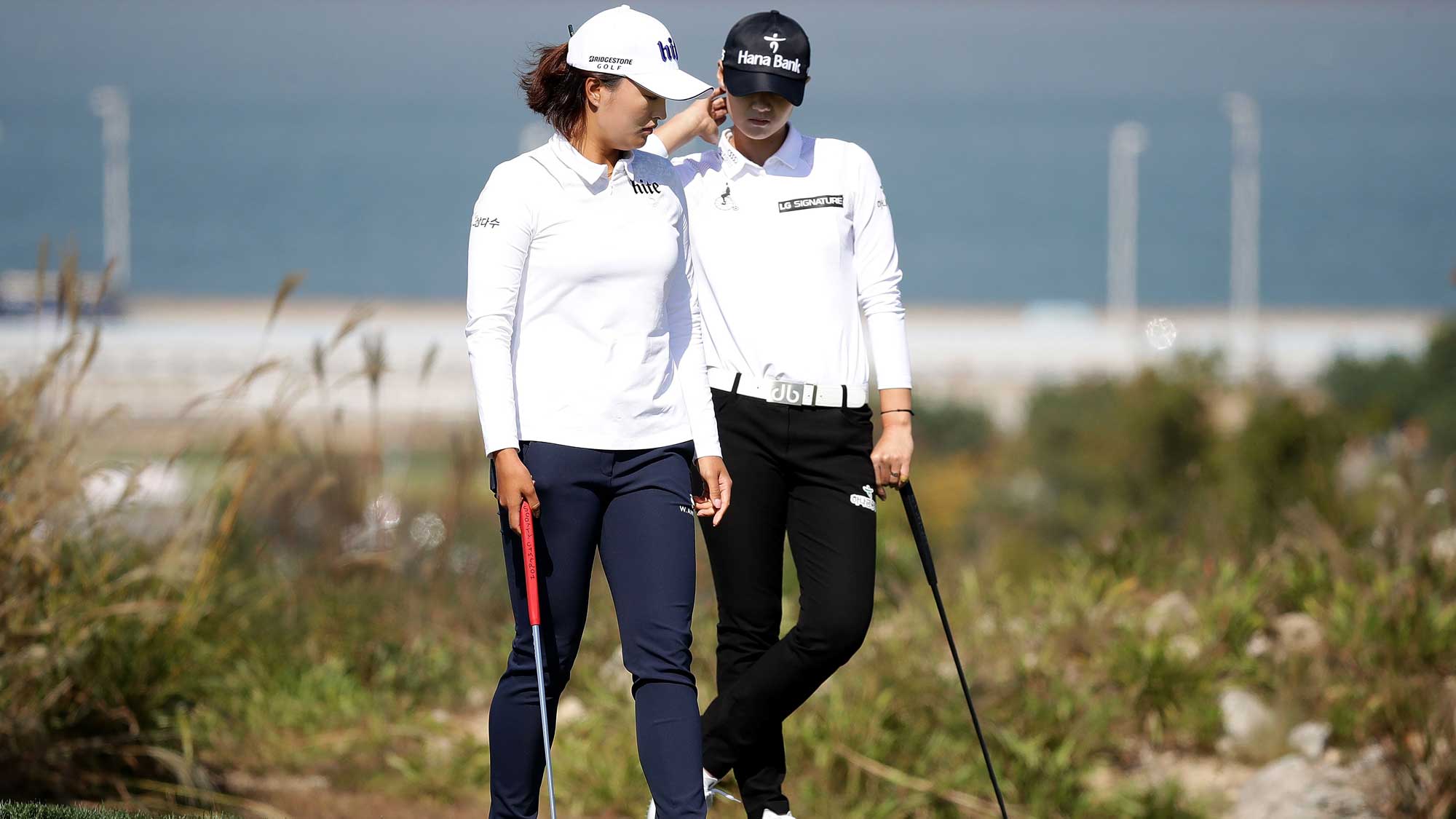 Jin-Young Ko (left) and Sung-Hyun Park of South Korea on the 6th green during the final round of the LPGA KEB Hana Bank Championship