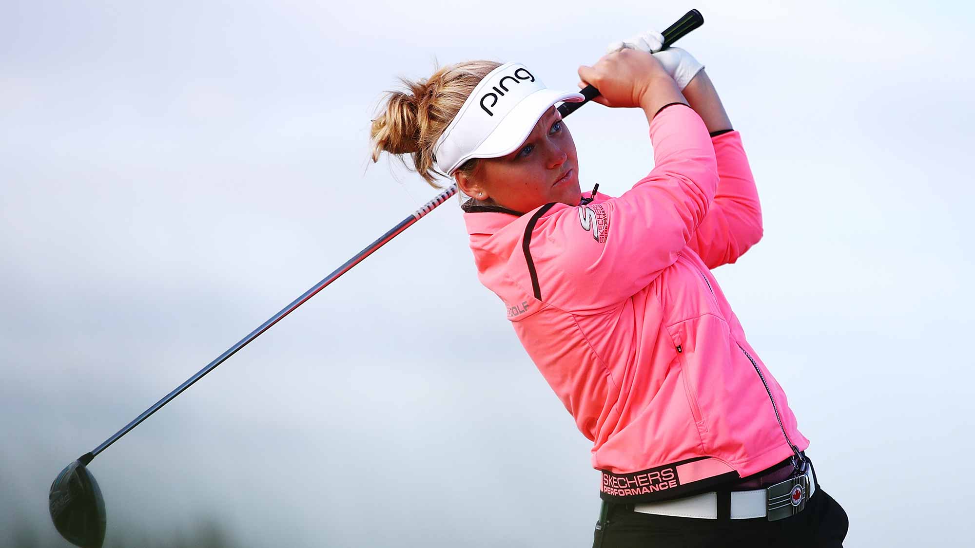Brooke Henderson of Canada tees off during day one of the McKayson New Zealand Women's Open at Windross Farm