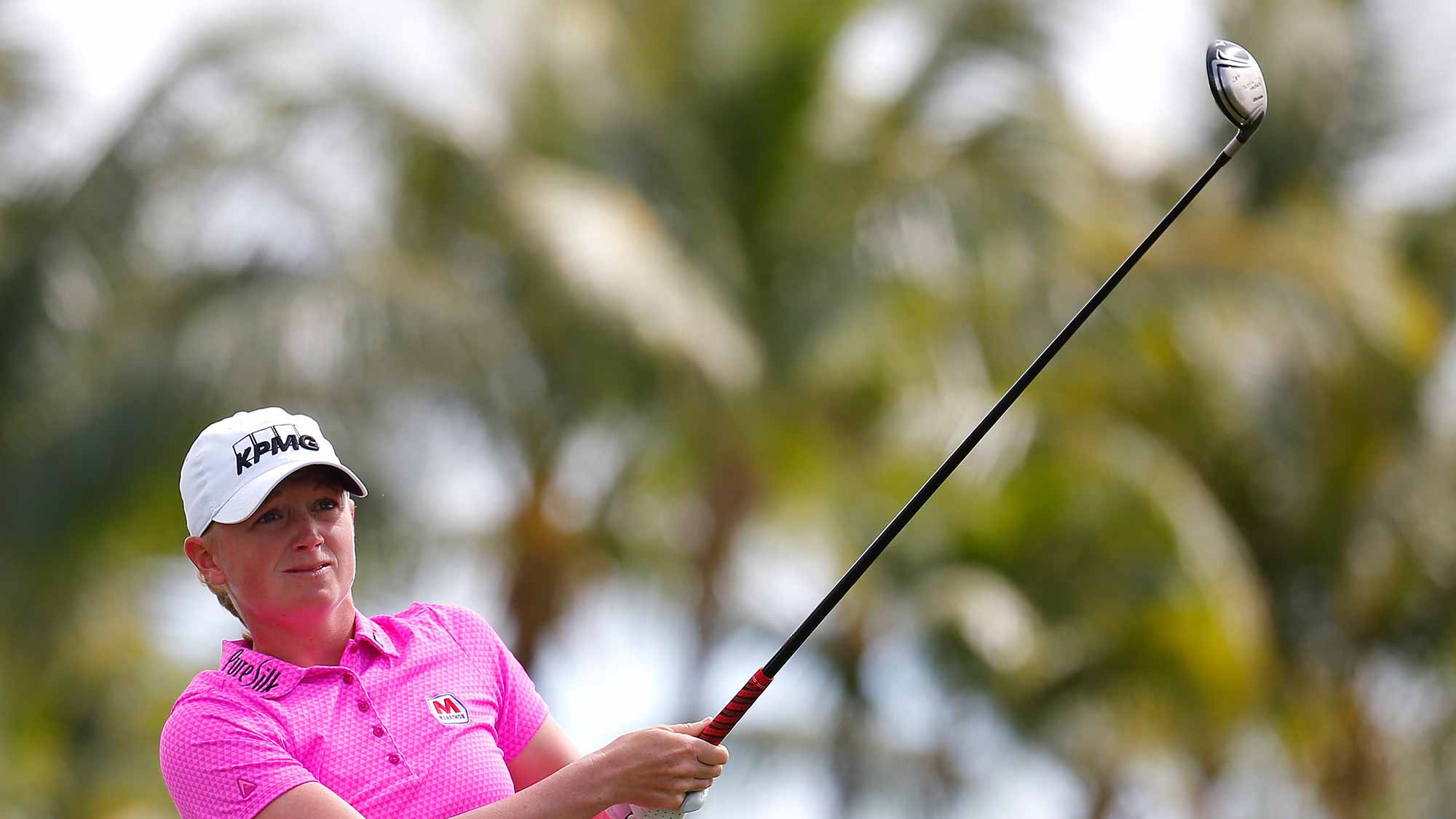 Stacy Lewis tees off the second hole during the third round of the Pure Silk Bahamas LPGA Classic at the Ocean Club Golf Course