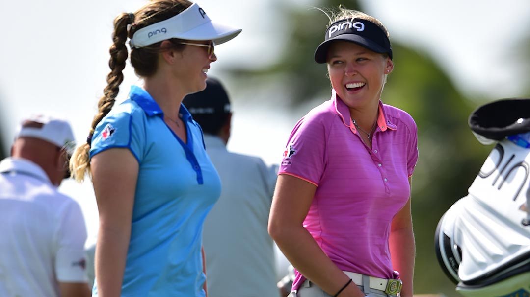 Brooke Henderson with her sister Brittany Henderson during a practice round at the 2017 Pure Silk Bahamas LPGA Classic