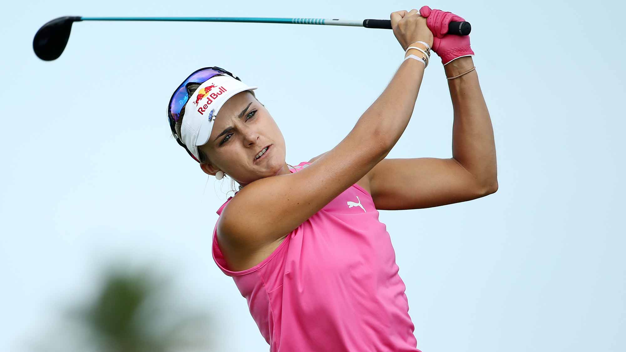 Lexi Thompson of the United States hits a tee shot on the fourth hole during round three of the Pure Silk Bahamas LPGA Classic