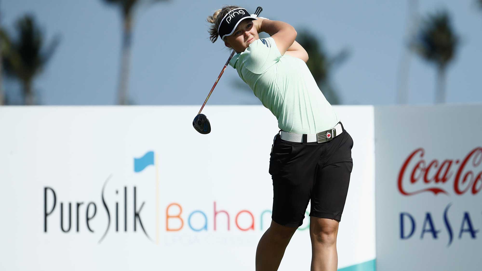 Brooke Henderson of Canada hits her tee shot on the ninth hole during the second round of the Pure Silk Bahamas LPGA Classic