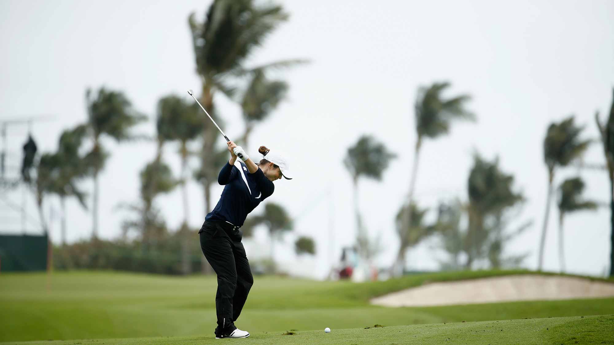 Beatriz Recari of Spain hits her second shot on the 8th hole during the first round of the Pure Silk Bahamas LPGA Classic
