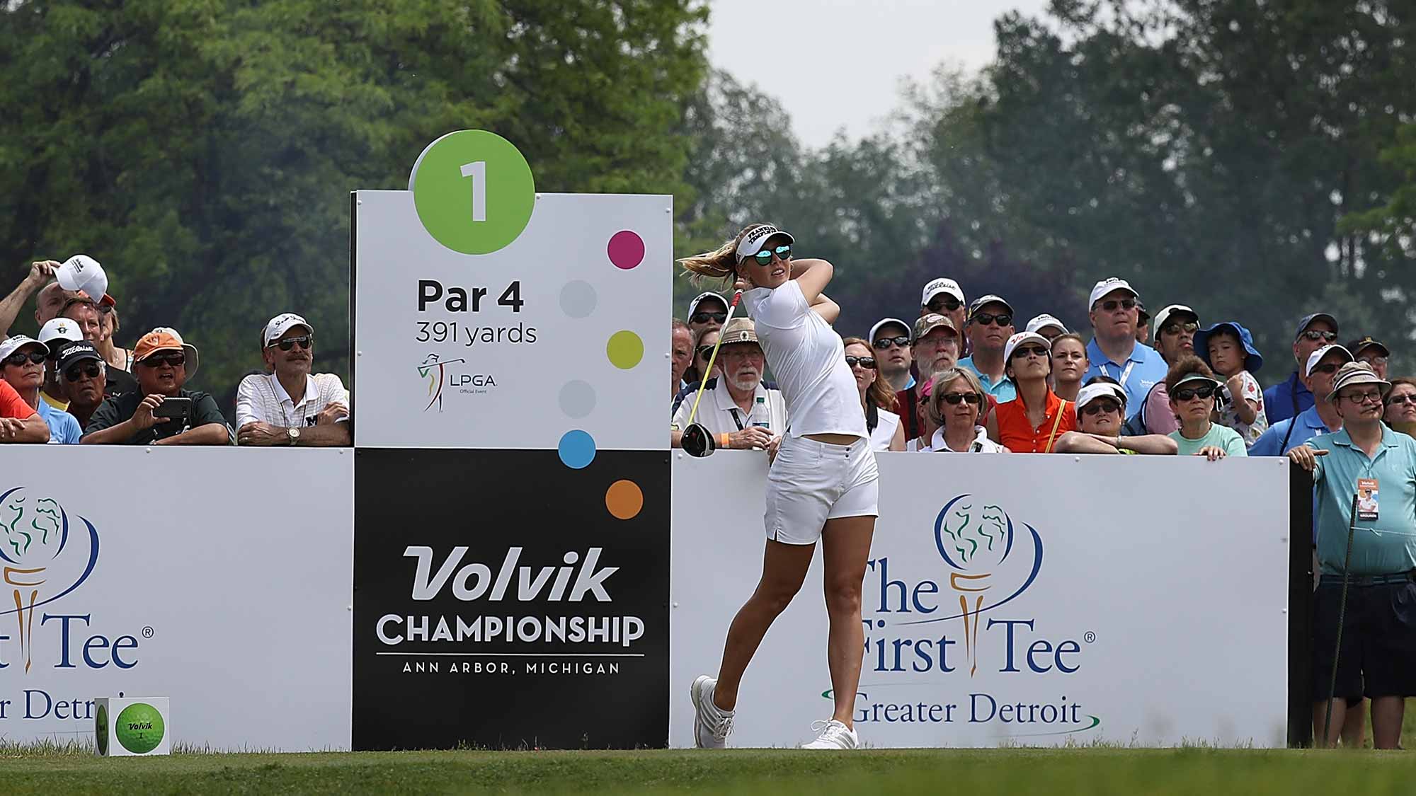 Jessica Korda from the United States tees off on the first hole during the final round of the LPGA Volvik Championship