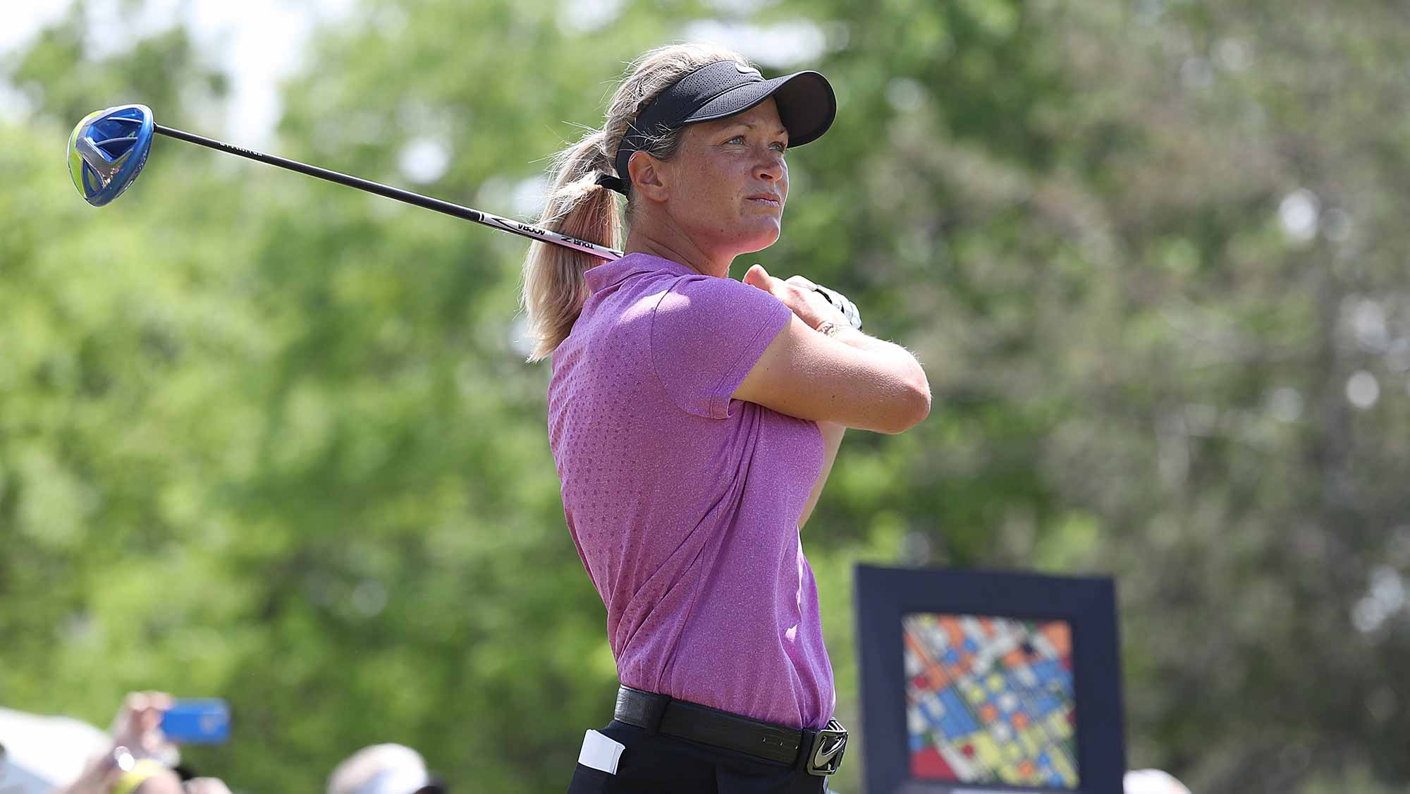 Suzann Pettersen from Norway hits her tee shot on the first hole during the final round of the LPGA Volvik Championship