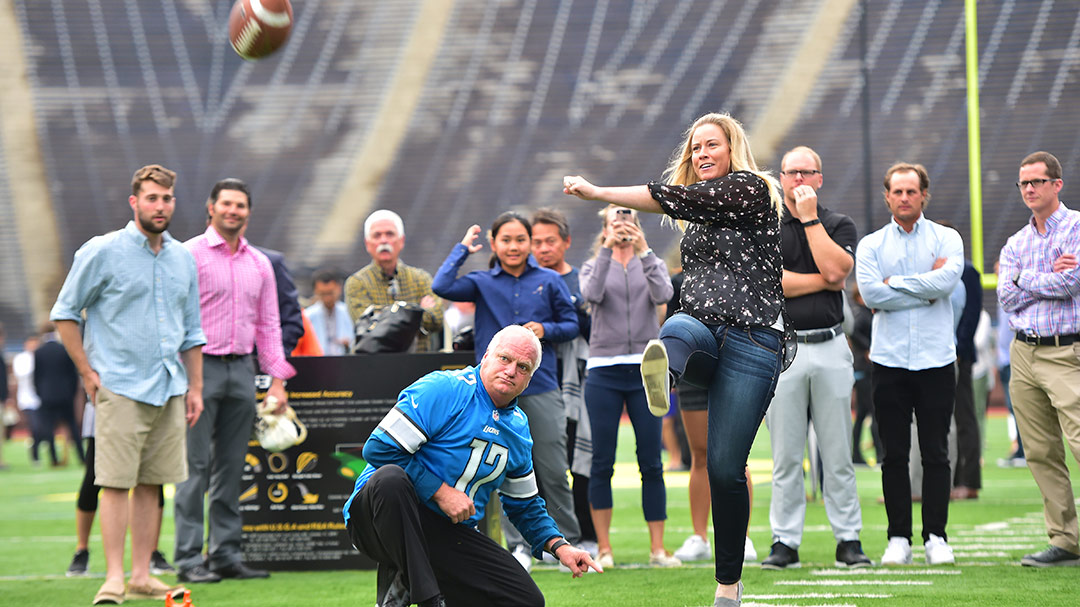 Brittany Lincicome attempts a field goal during the LPGA Volvik Championship Pro Am Party at Michigan Stadium