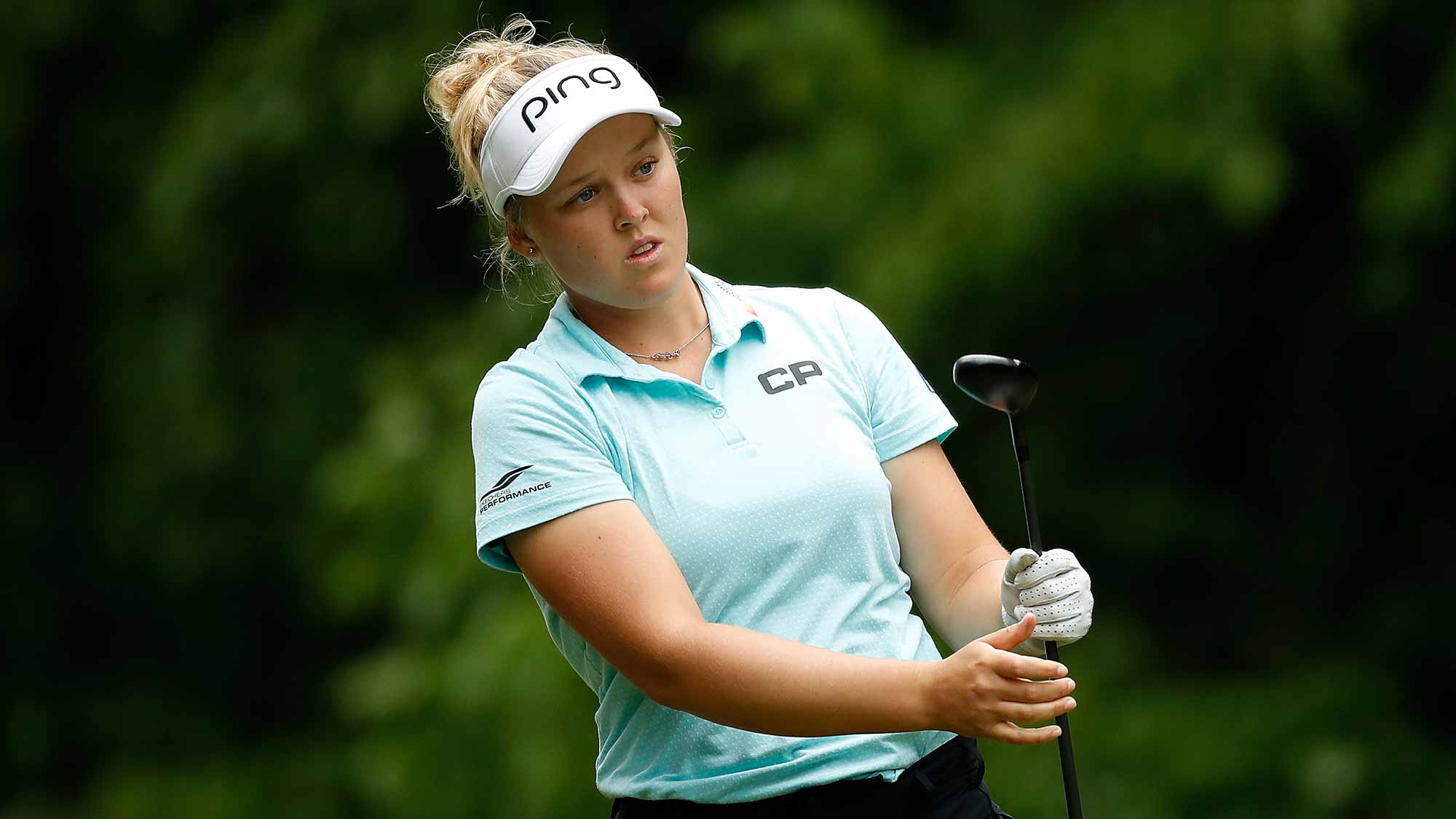 Brooke Henderson of Canada watches her drive on the seventh hole during the first round of the LPGA Volvik Championship on May 25, 2017 at Travis Pointe Country Club Ann Arbor, Michigan