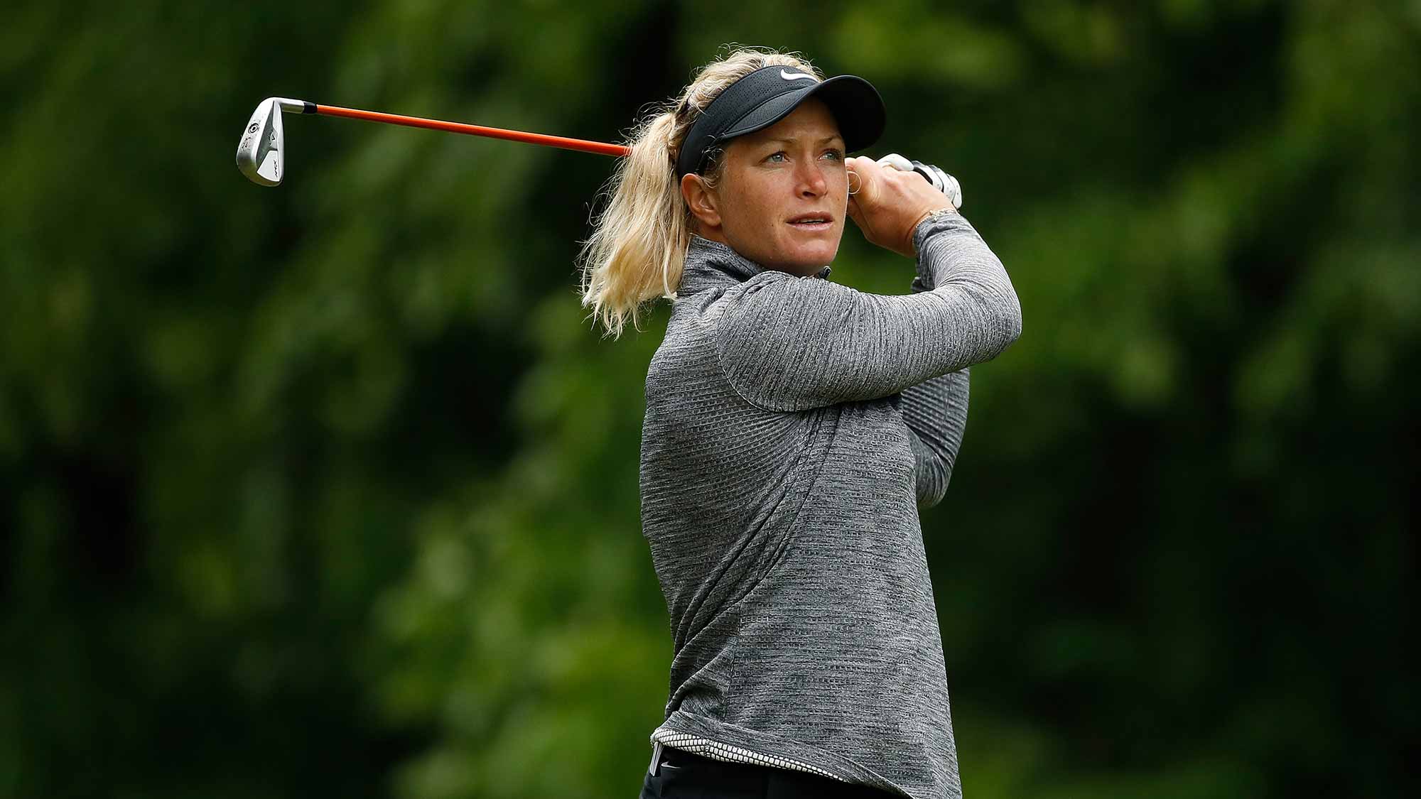 Suzann Pettersen of Norway watches her drive on the seventh hole during the first round of the LPGA Volvik Championship on May 25, 2017 at Travis Pointe Country Club Ann Arbor, Michigan