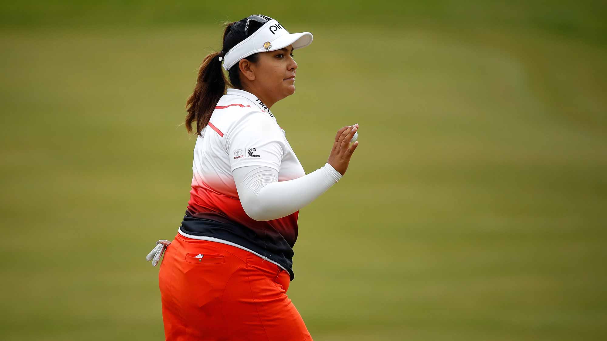 Lizette Salas waves to fans after a par on the 16th green during the third round of the LPGA Volvik Championship on May 27, 2017 at Travis Pointe Country Club Ann Arbor, Michigan