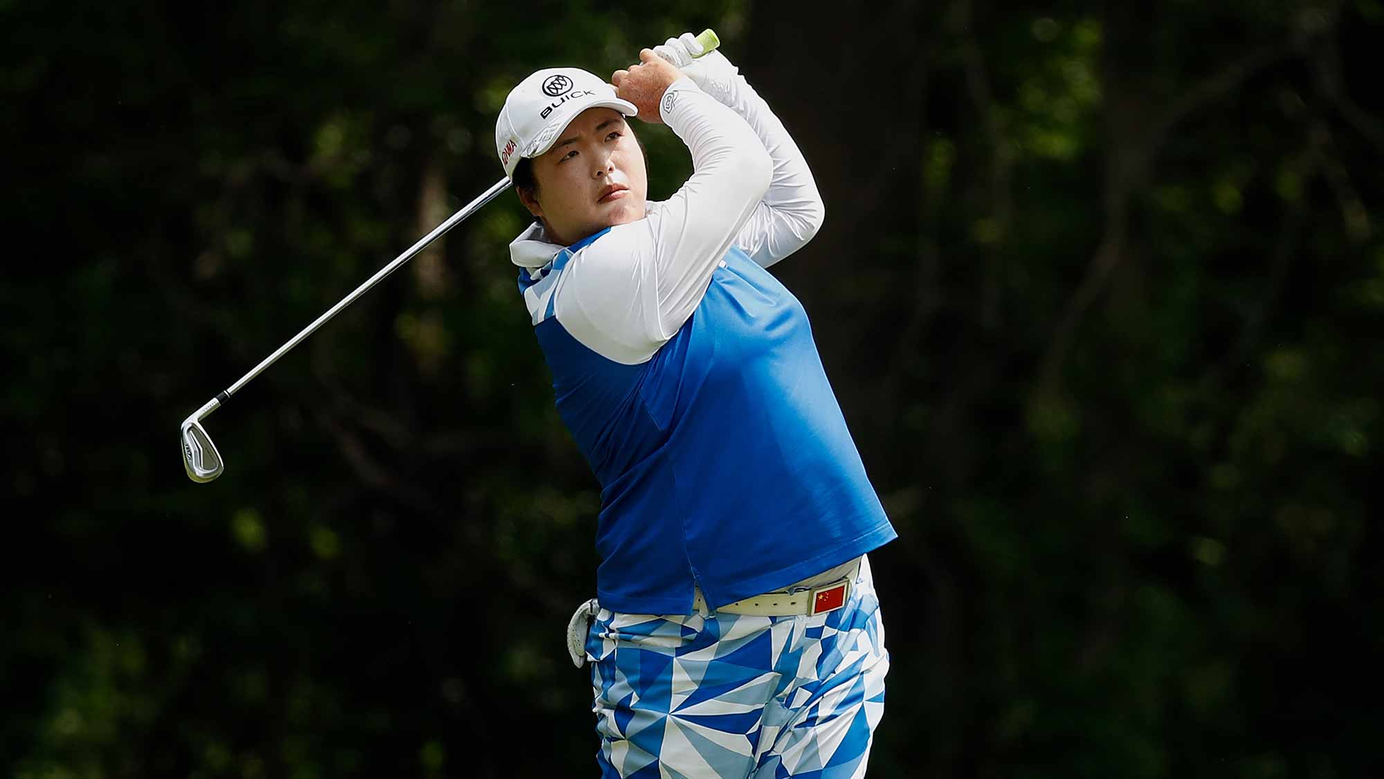 Shanshan Feng of China hits her second shot on the eighth hole during the final round of the LPGA Volvik Championship on May 28, 2017 at Travis Pointe Country Club Ann Arbor, Michigan