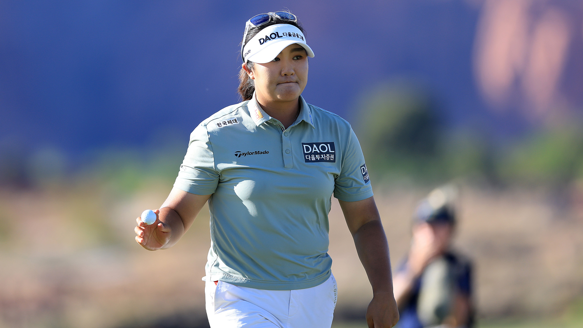 Haeran Ryu of South Korea reacts after finishing on the 18th hole for her second round of the Black Desert Championship 2025 at Black Desert Resort on May 02, 2025 in St George, Utah.