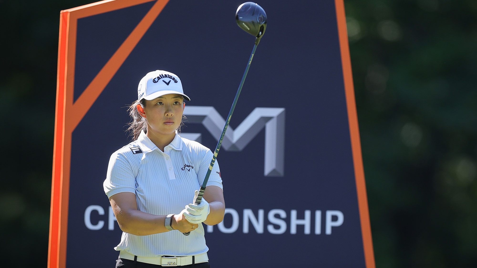 Ruoning Yin of People's Republic of China prepares to play her shot on the fifth tee during the third round of the FM Championship 2026 at TPC Boston on August 29, 2026 in Norton, Massachusetts.