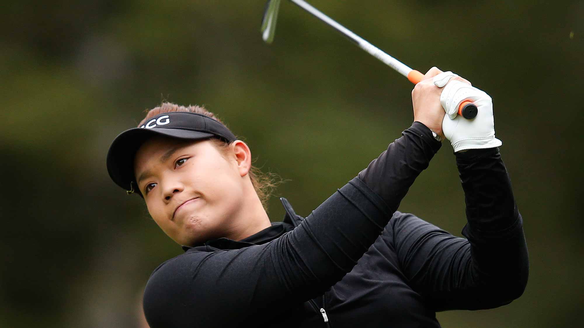 Ariya Jutanugarn of Thailand tees off on the second hole during the final round of the Canadian Pacific Women's Open at Priddis Greens Golf and Country Club