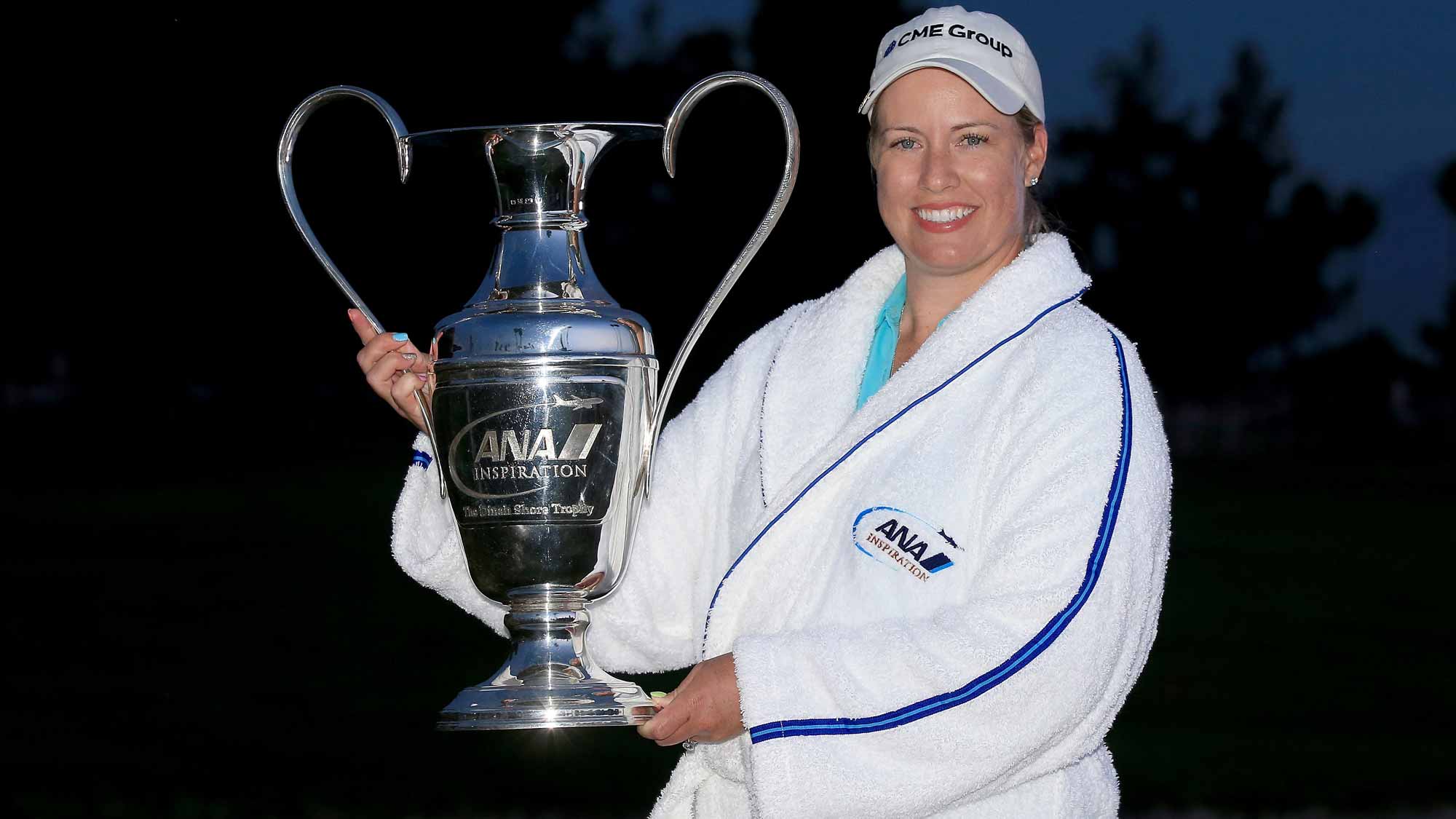 Brittany Lincicome of the USA holds the trophy after her play-off win in the final round of the ANA Inspiration on the Dinah Shore Tournament Course at Mission Hills Country Club