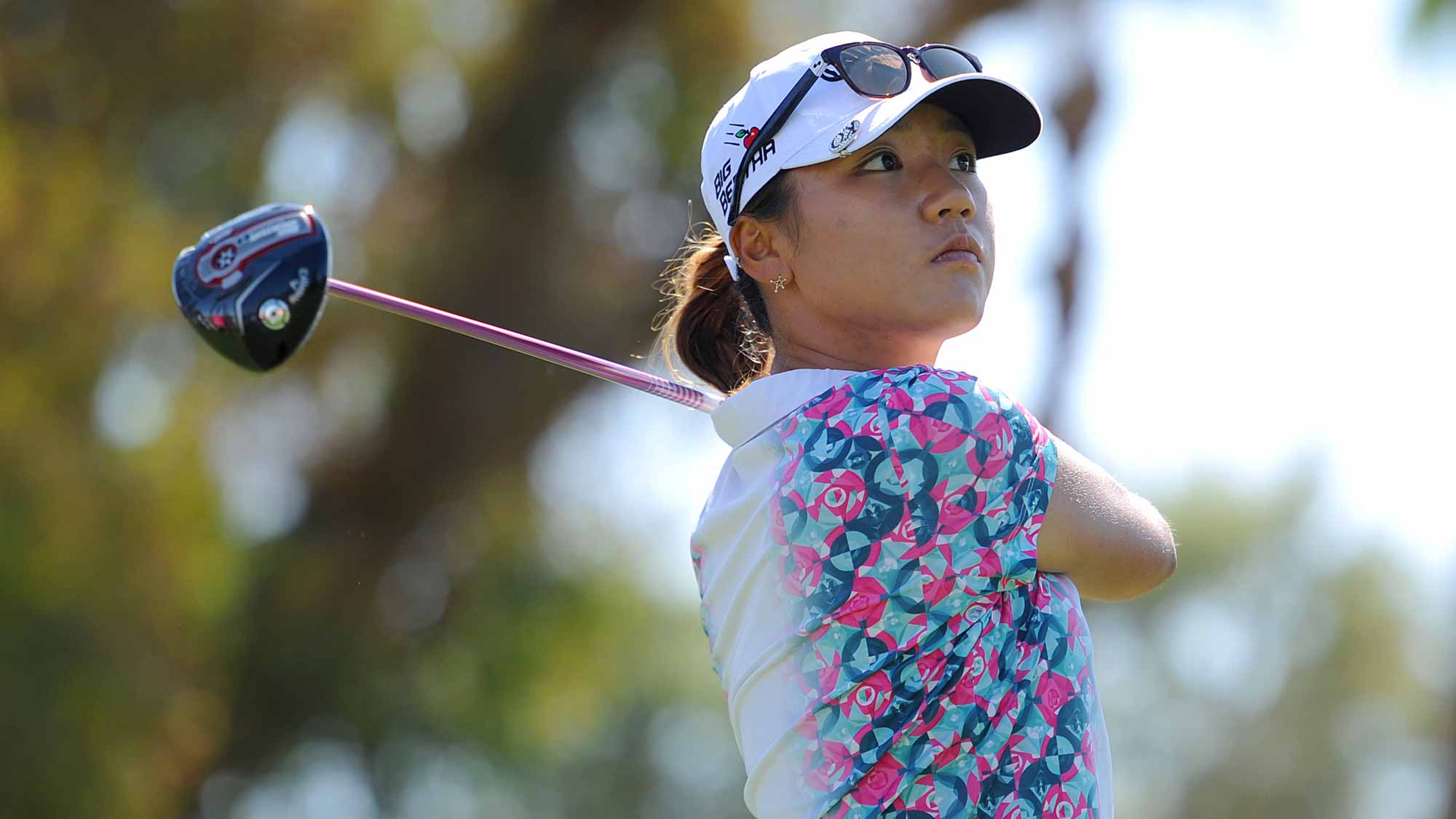 Lydia Ko of New Zealand makes a tee shot on the third hole during the final round of the ANA Inspiration on the Dinah Shore Tournament Course at Mission Hills Country Club