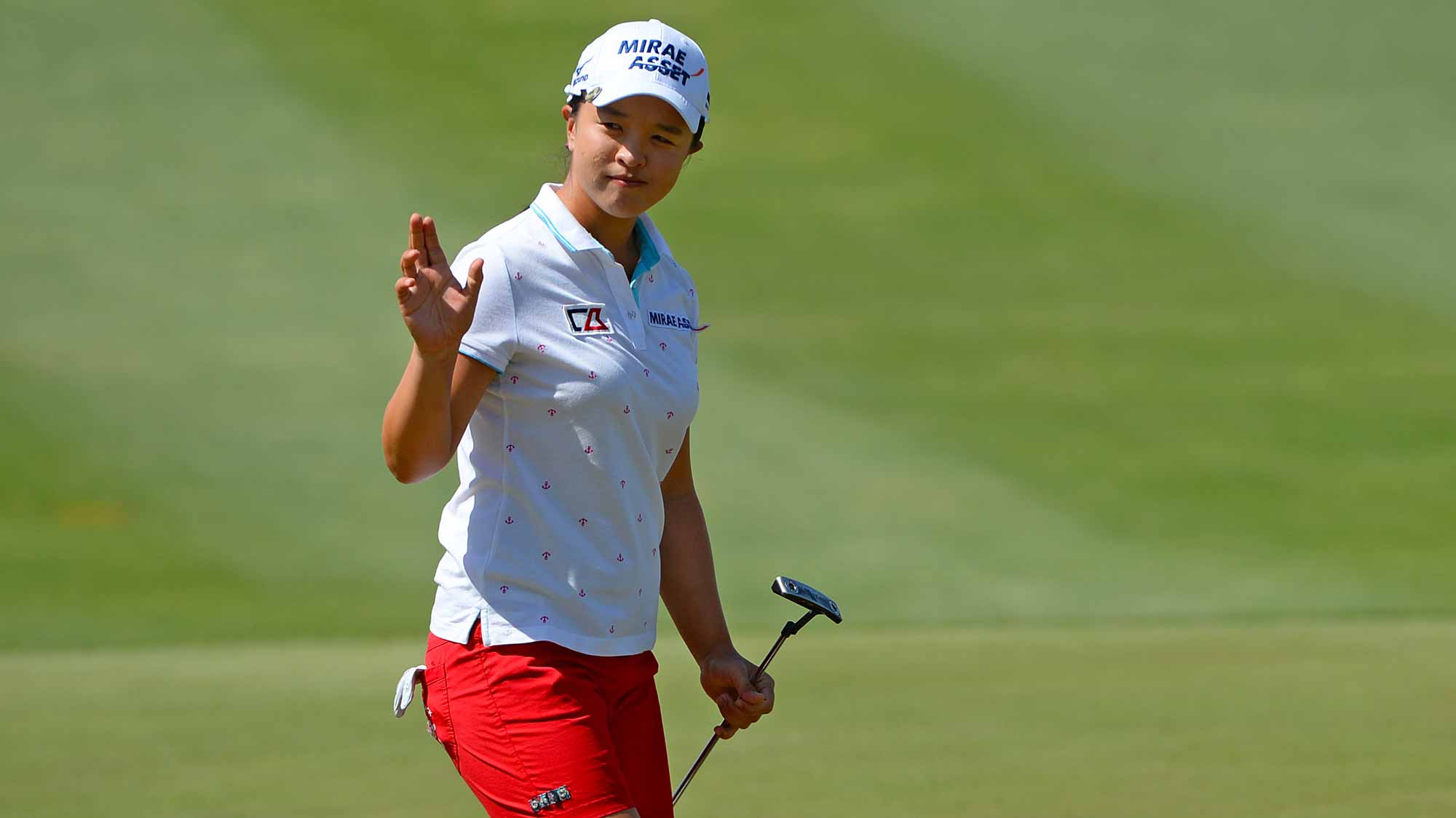 Sei Young Kim of South Korea celebrates a birdie putt on the second hole during the final round of the ANA Inspiration on the Dinah Shore Tournament Course at Mission Hills Country Club