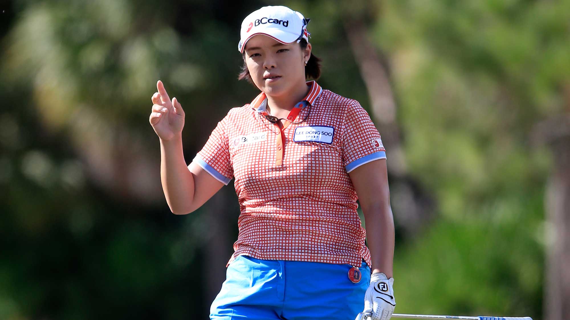 Ha Na Jang of South Korea reacts a birdie on the 16th hole during the second round of the CME Group Tour Championship at Tiburon Golf Club