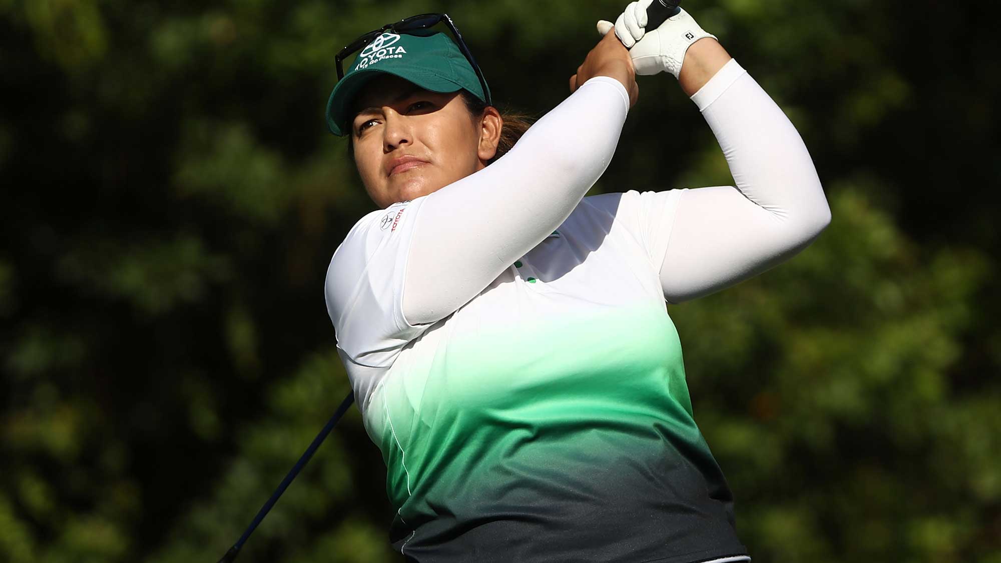 Lizette Salas tees off on the seventh hole during the first round of the CME Group Tour Championship at Tiburon Golf Club