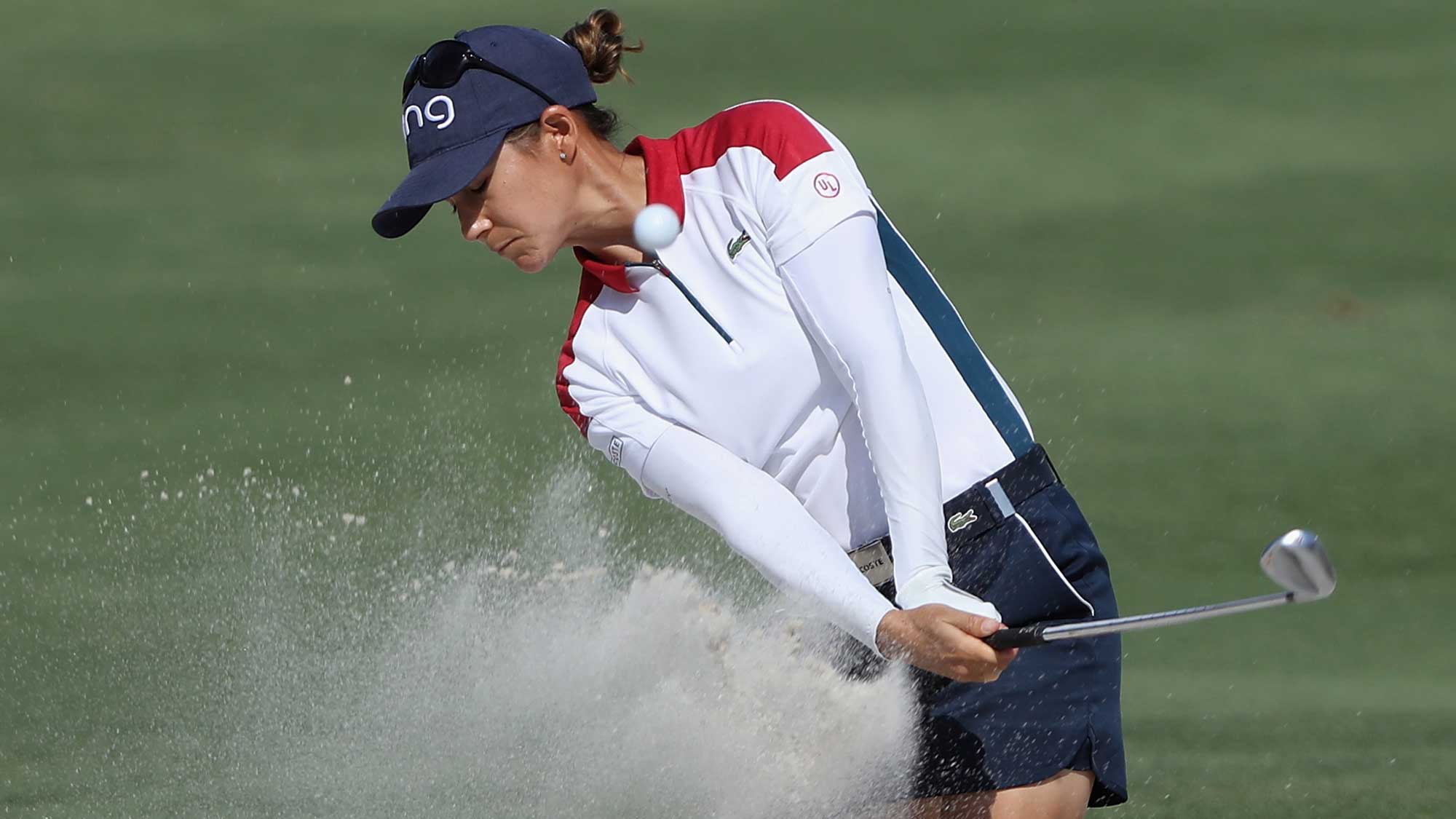 Azahara Munoz of Spain plays a shot from a bunker on the sixth hole during round two of the CME Group Tour Championship