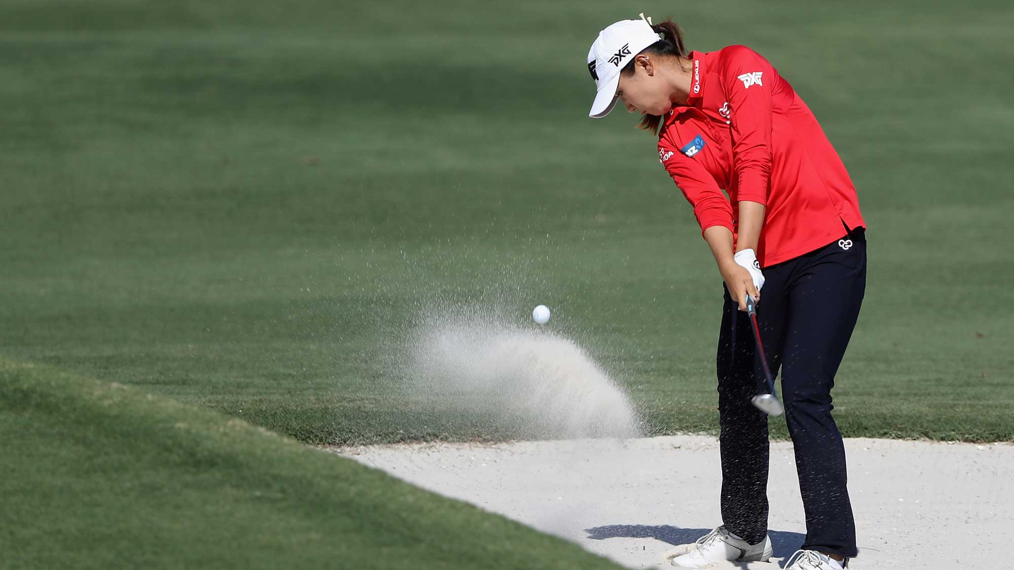 Lydia Ko of New Zealand plays a shot from a bunker on the sixth hole during round two of the CME Group Tour Championship