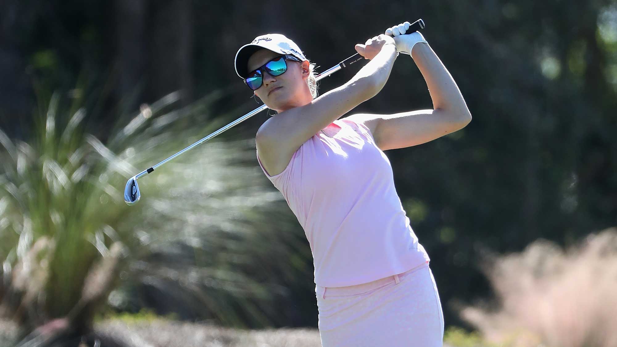 Madelene Sagstrom of Sweden plays a shot on the second hole during round three of the CME Group Tour Championship