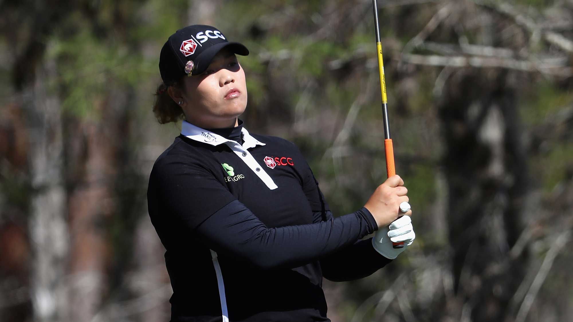 Ariya Jutanugarn of Thailand plays her shot from the eighth tee during the final round of the CME Group Tour Championship