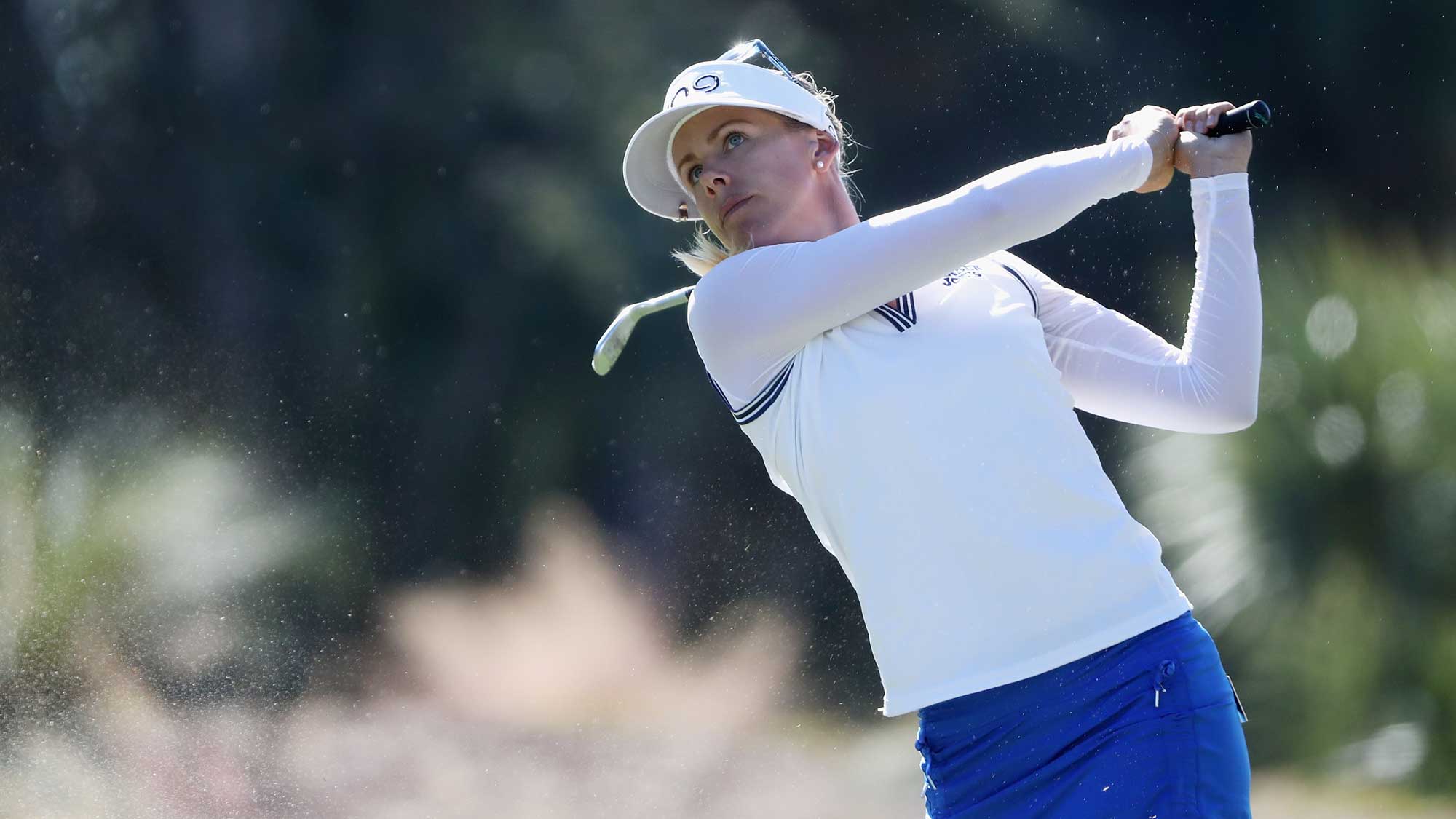 Pernilla Lindberg of Sweden plays a shot on the second hole during the final round of the CME Group Tour Championship