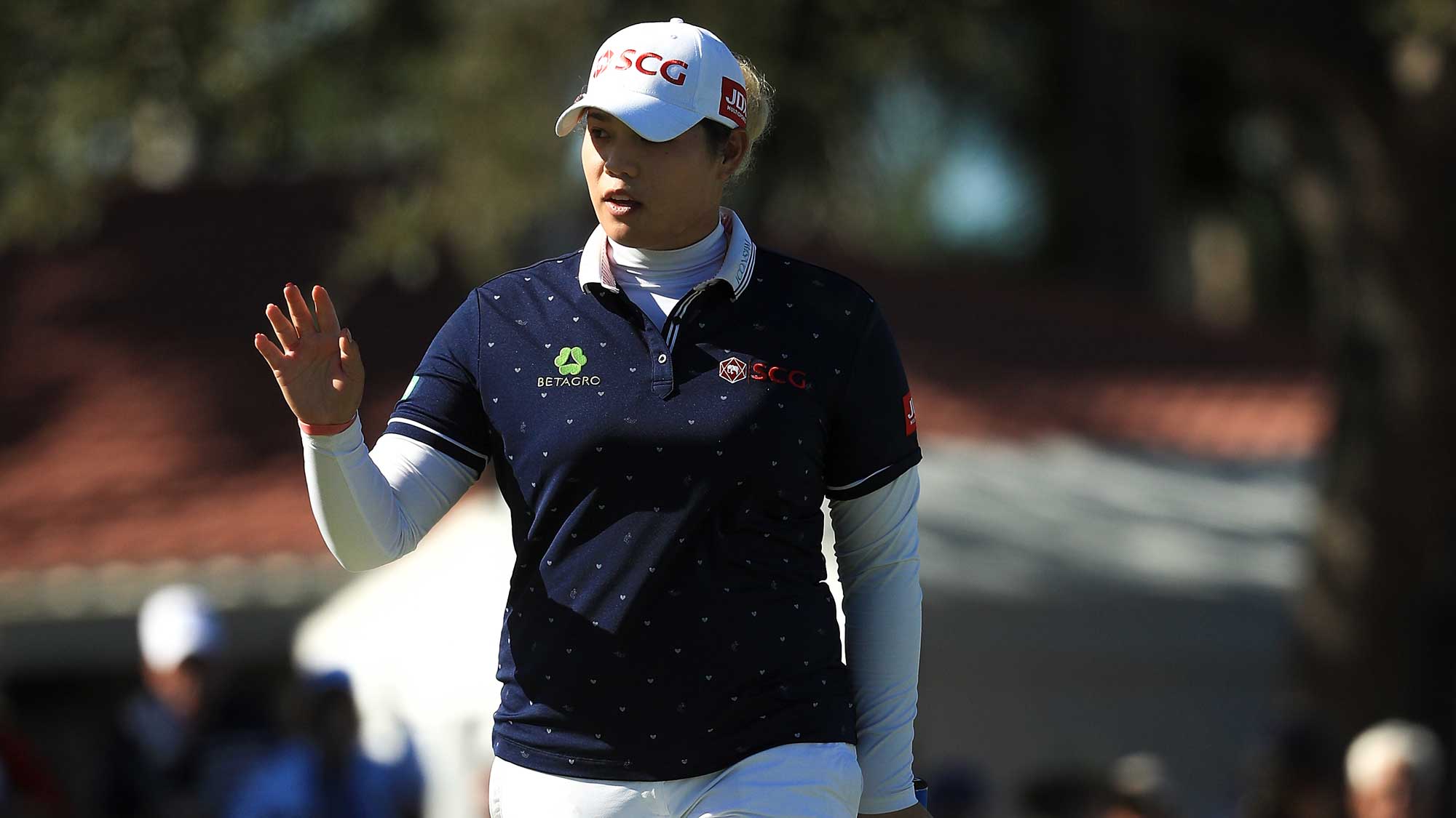Ariya Jutanugarn of Thailand reacts after a putt on the 18th green during the second round of the CME Group Tour Championship