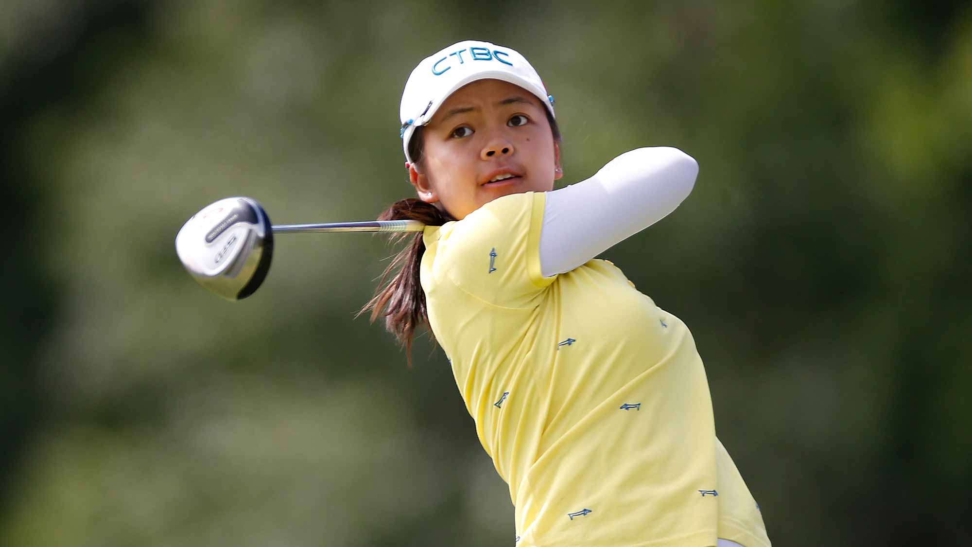 Wei-Ling Hsu of Chinese Taipei watches her tee shot on the 15th hole during the first round of the Marathon Classic presented by Owens Corning and O-I at Highland Meadows Golf Club