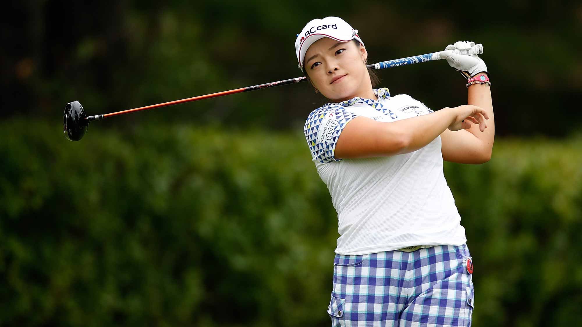Ha Na Jang of South Korea watches her tee shot on the 16th hole during the first round of the Marathon Classic presented by Owens Corning and O-I at Highland Meadows Golf Club