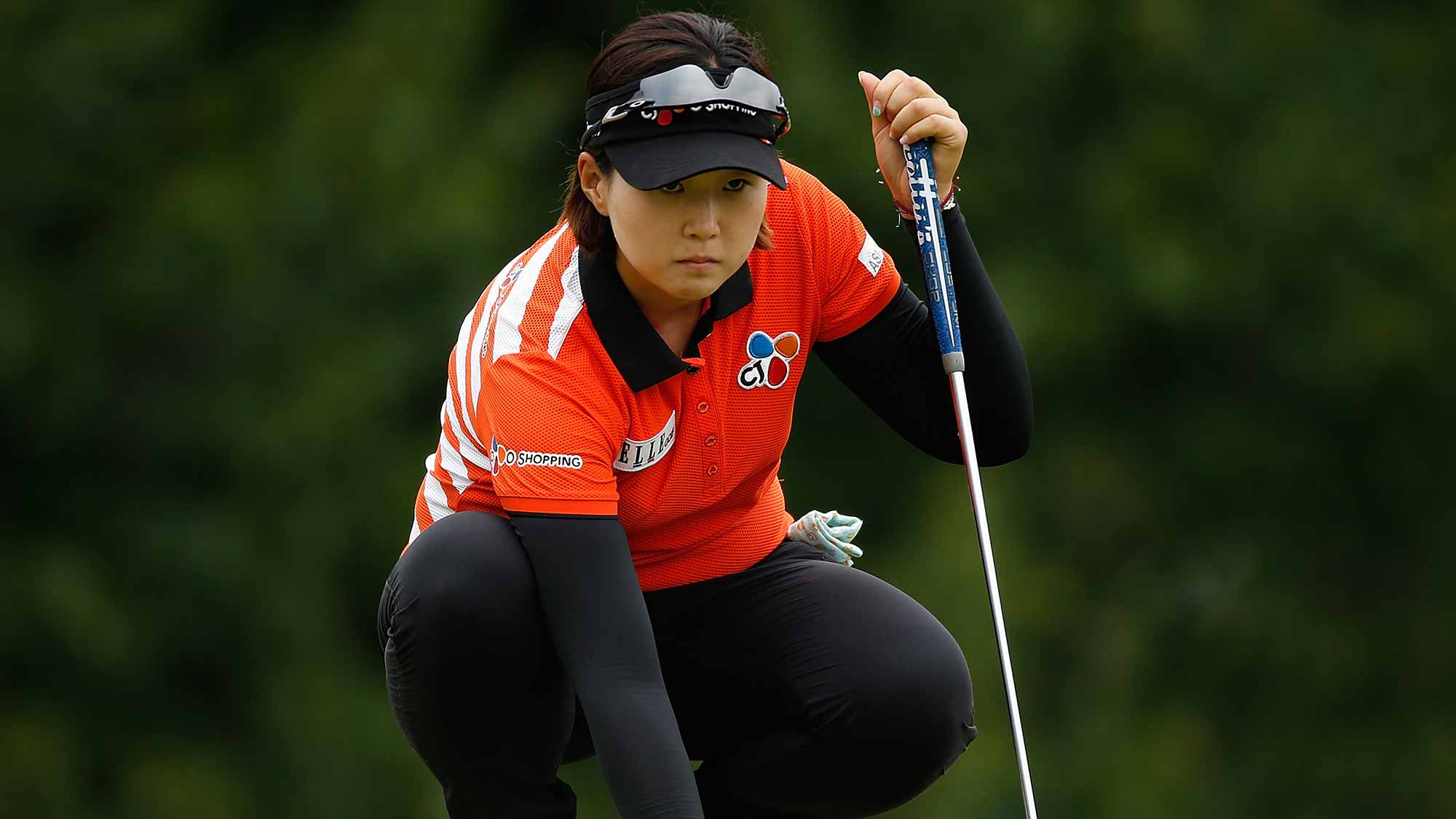 Q Baek of South Korea reads a putt on the first green during the second round of the Marathon Classic presented by Owens Corning and O-I at Highland Meadows Golf Club