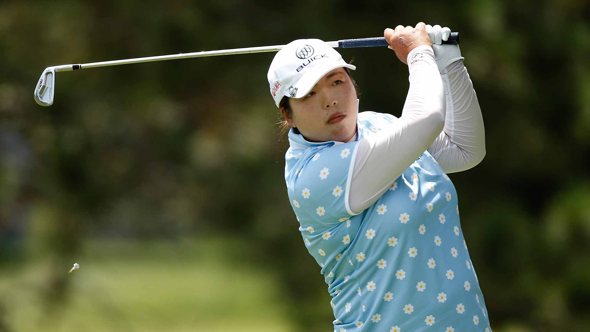 Shanshan Feng of China watches her tee shot on the second hole during the third round of the Marathon Classic presented by Owens Corning and O-I at Highland Meadows Golf Club
