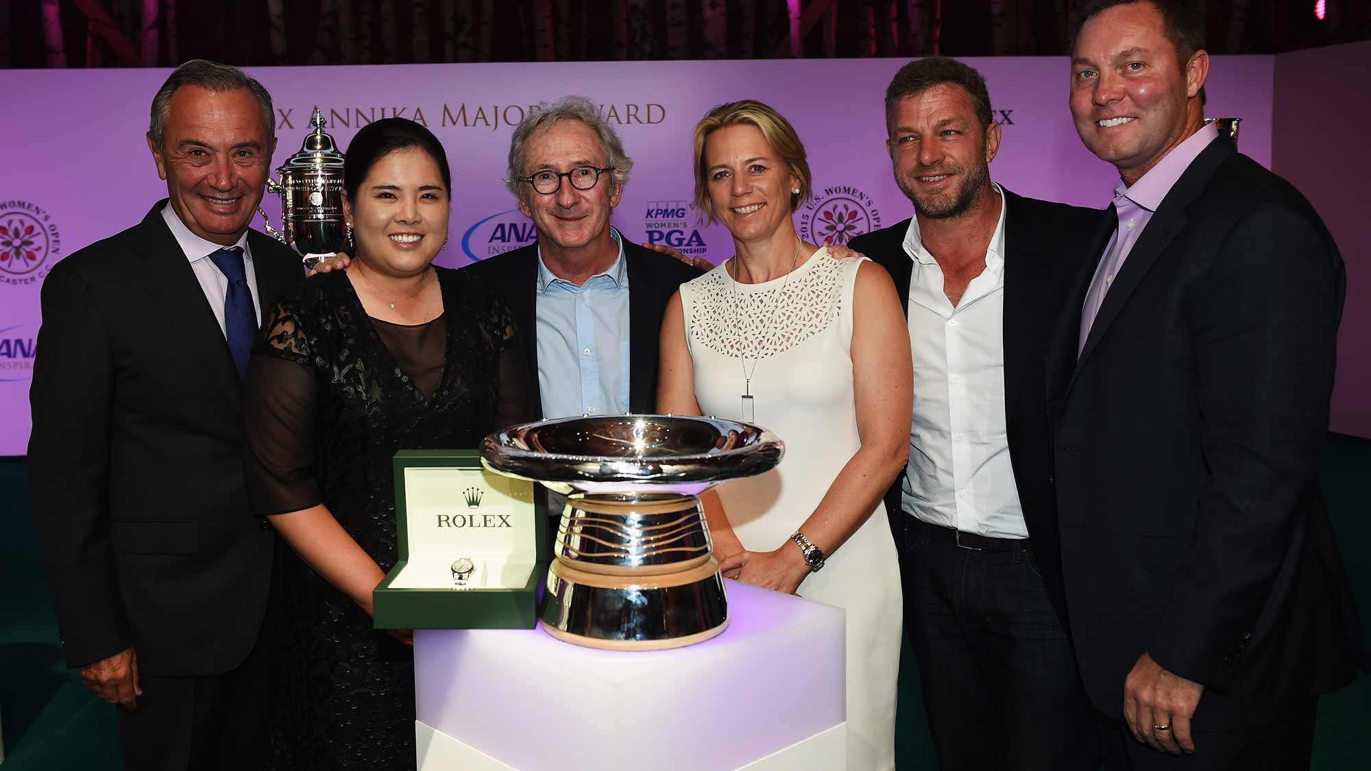 Jean-Noel Bioul, Inbee Park, Frank Riboud, Annika Sorestam, Jaques Bungert, and Mike Whan, LPGA Commissionerat the Rolex Award ceremony after the third round of the Evian Championship
