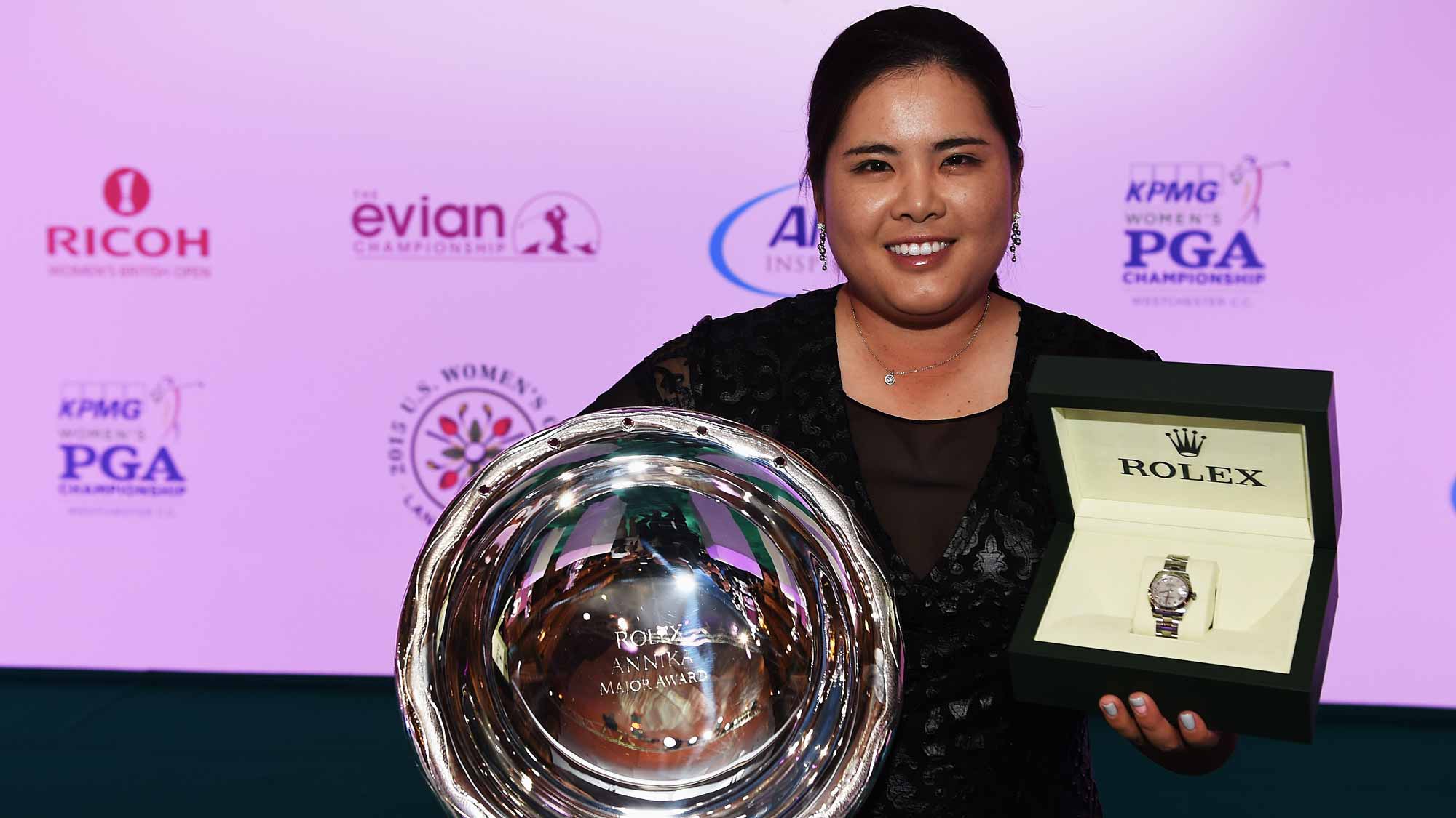 Inbee Park holds the Rolex Annika Major Award at the Rolex Award ceremony after the third round of the Evian Championship